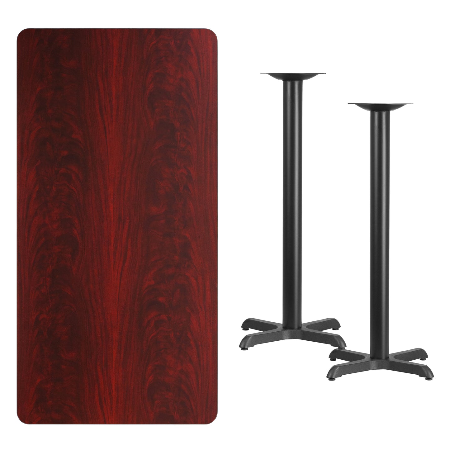 Stiles 30'' x 60'' Rectangular Mahogany Laminate Table Top with 22'' x 22'' Bar Height Table Bases Mahogany
