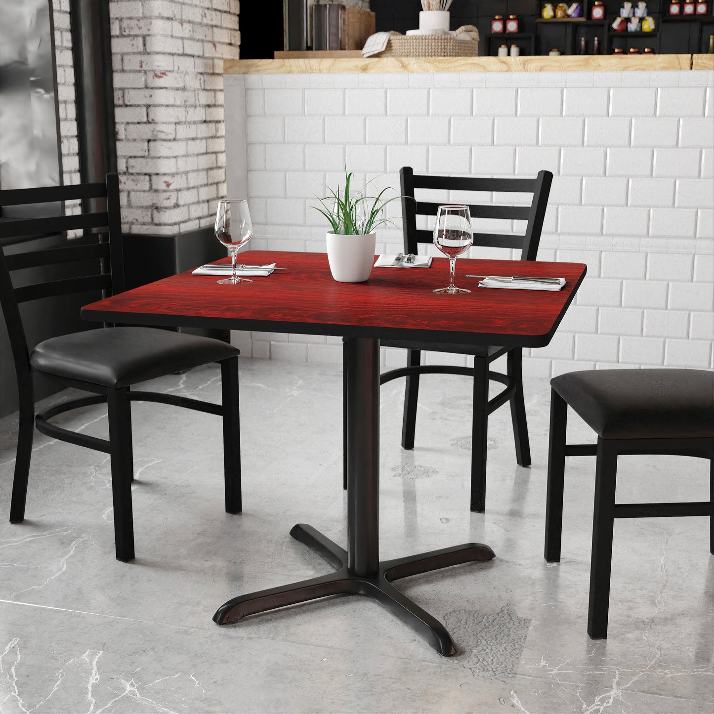 Graniss 36'' Square Mahogany Laminate Table Top with 30'' x 30'' Table Height Base Mahogany
