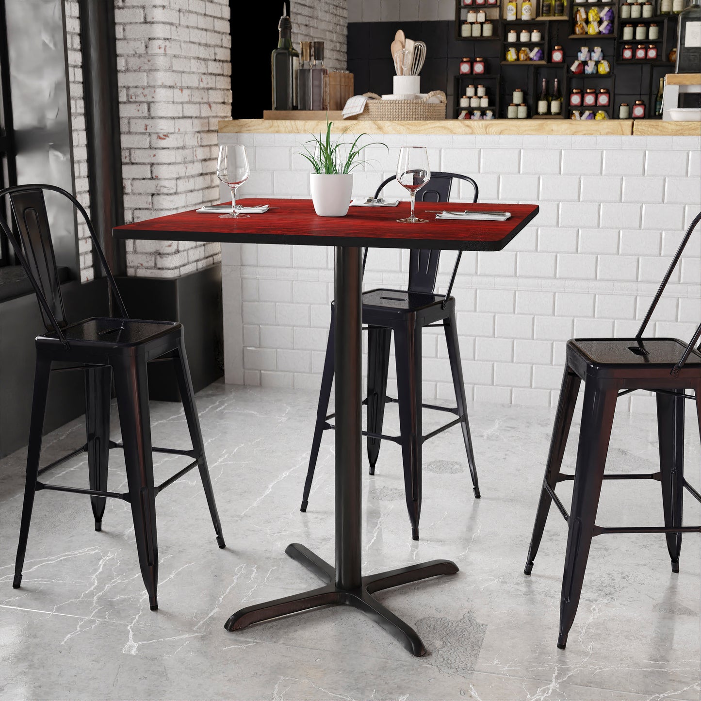 Stiles 36'' Square Mahogany Laminate Table Top with 30'' x 30'' Bar Height Table Base Mahogany
