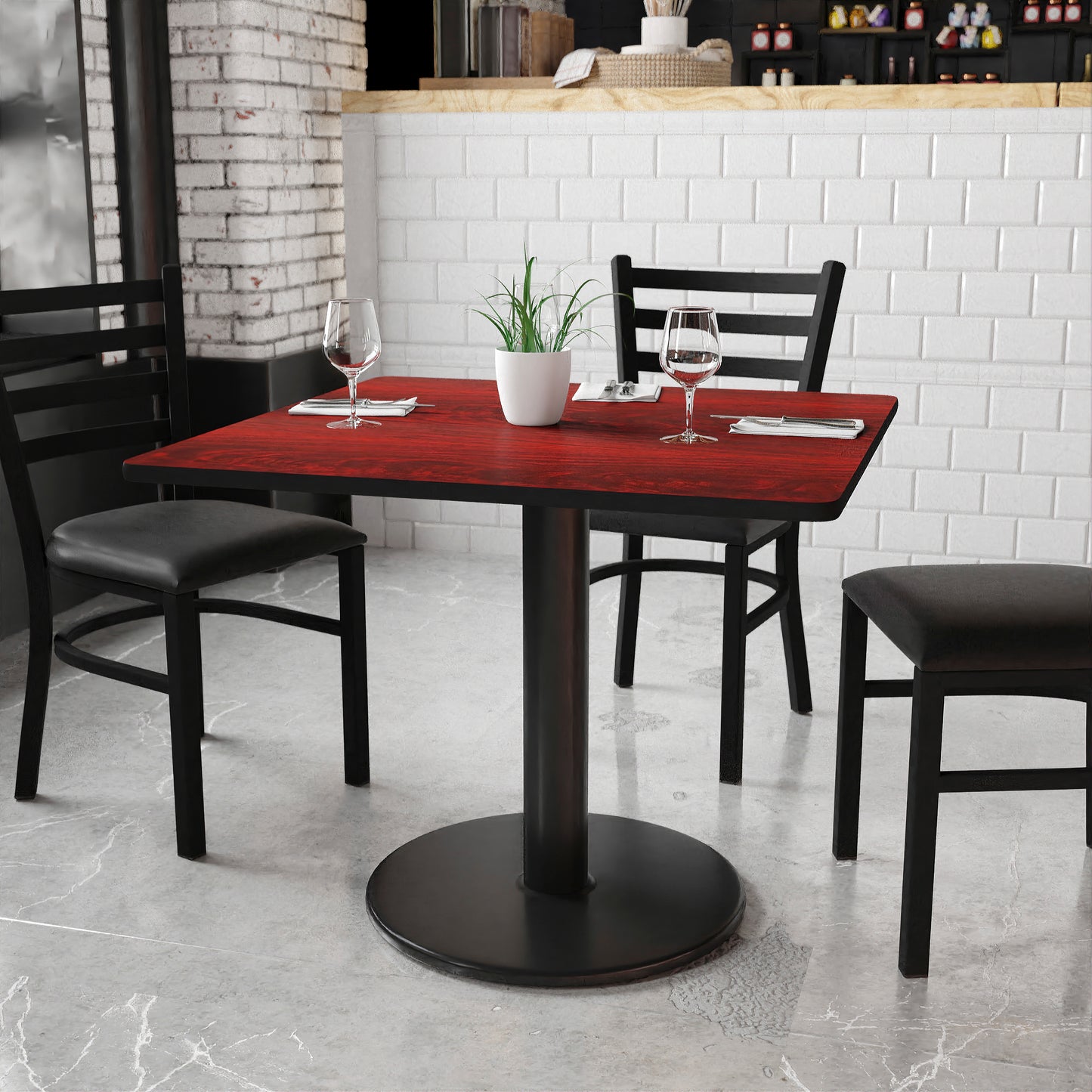 Graniss 36'' Square Mahogany Laminate Table Top with 24'' Round Table Height Base Mahogany