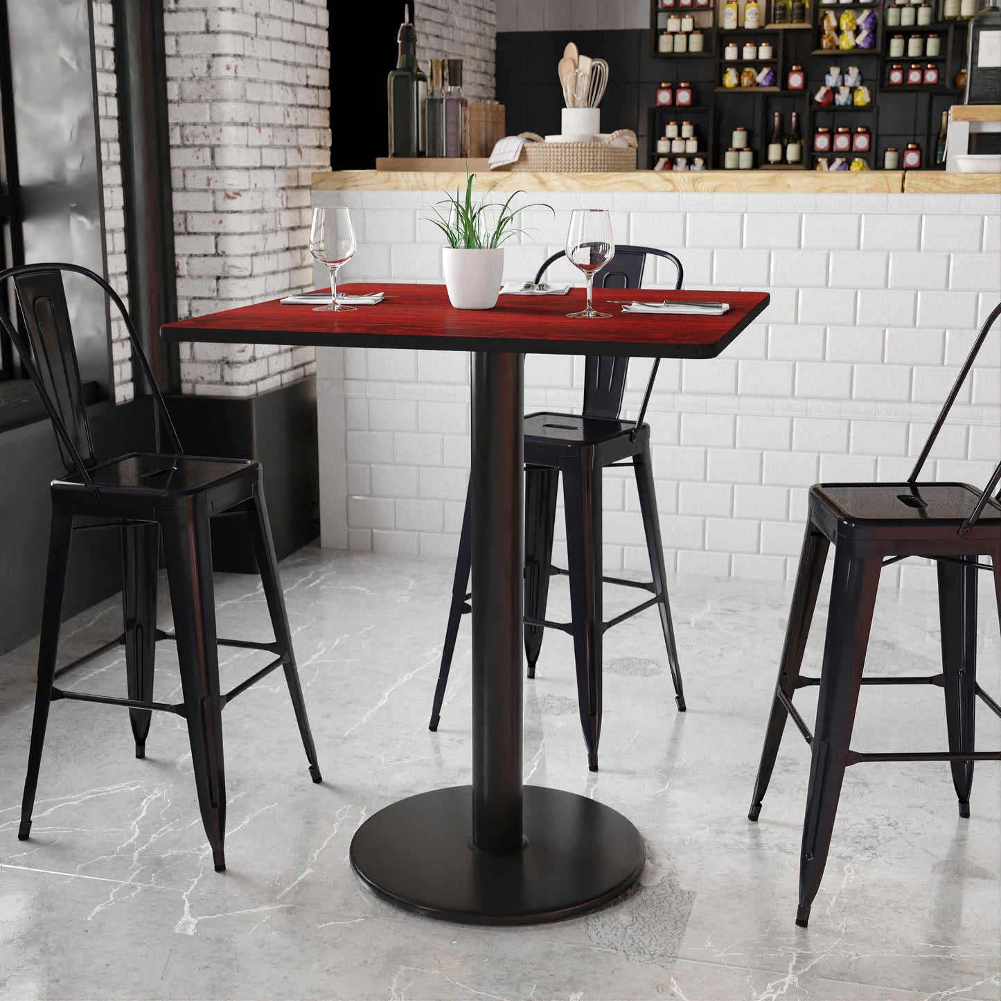 Stiles 36'' Square Mahogany Laminate Table Top with 24'' Round Bar Height Table Base Mahogany