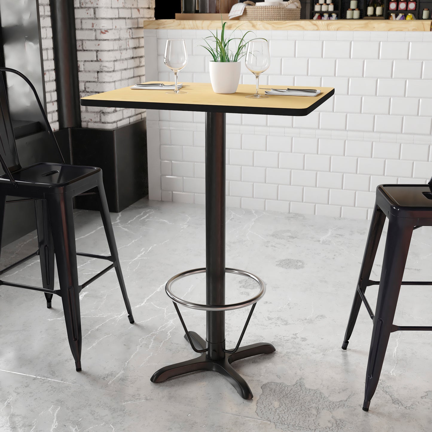 Stiles 24'' x 30'' Rectangular Natural Laminate Table Top with 22'' x 22'' Bar Height Table Base and Foot Ring Natural XU-NATTB-2430-T2222B-3CFR-GG