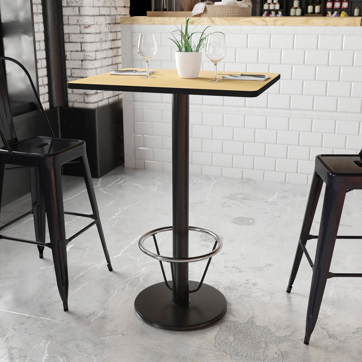 Stiles 24'' x 30'' Rectangular Natural Laminate Table Top with 18'' Round Bar Height Table Base and Foot Ring Natural XU-NATTB-2430-TR18B-3CFR-GG