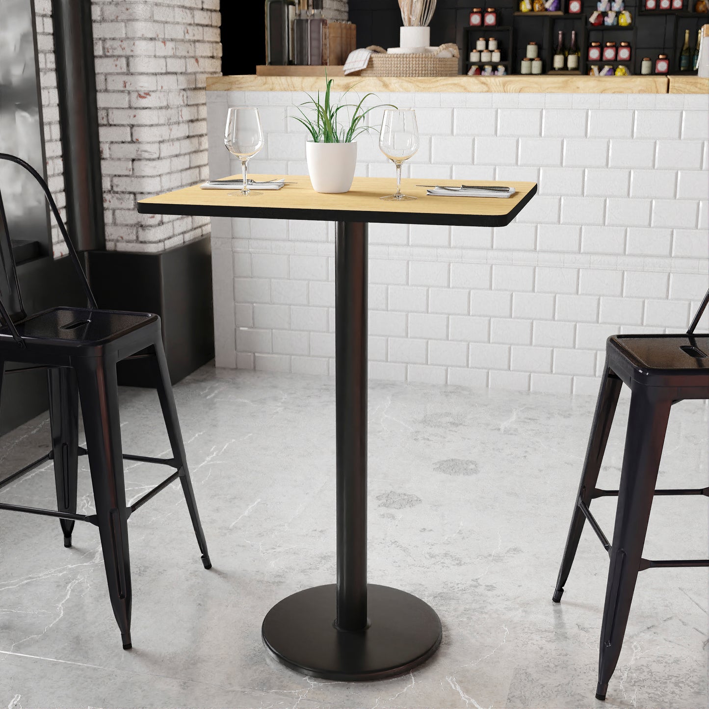 Stiles 24'' x 30'' Rectangular Natural Laminate Table Top with 18'' Round Bar Height Table Base Natural XU-NATTB-2430-TR18B-GG