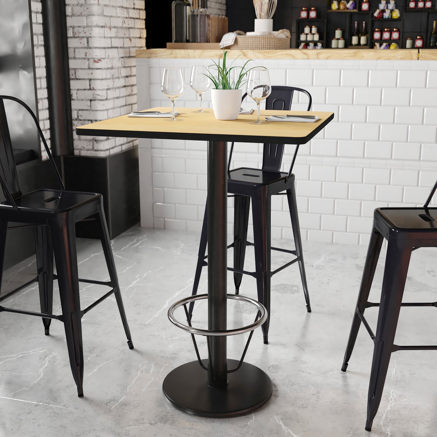 Stiles 30'' Square Natural Laminate Table Top with 18'' Round Bar Height Table Base and Foot Ring Natural XU-NATTB-3030-TR18B-3CFR-GG