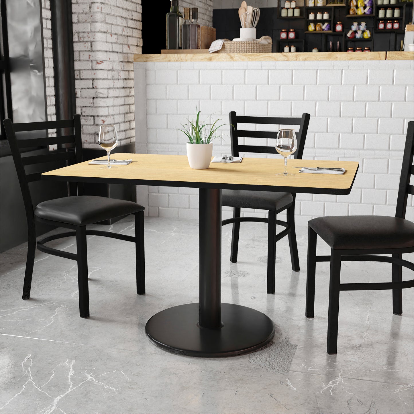 Graniss 30'' x 48'' Rectangular Natural Laminate Table Top with 24'' Round Table Height Base Natural