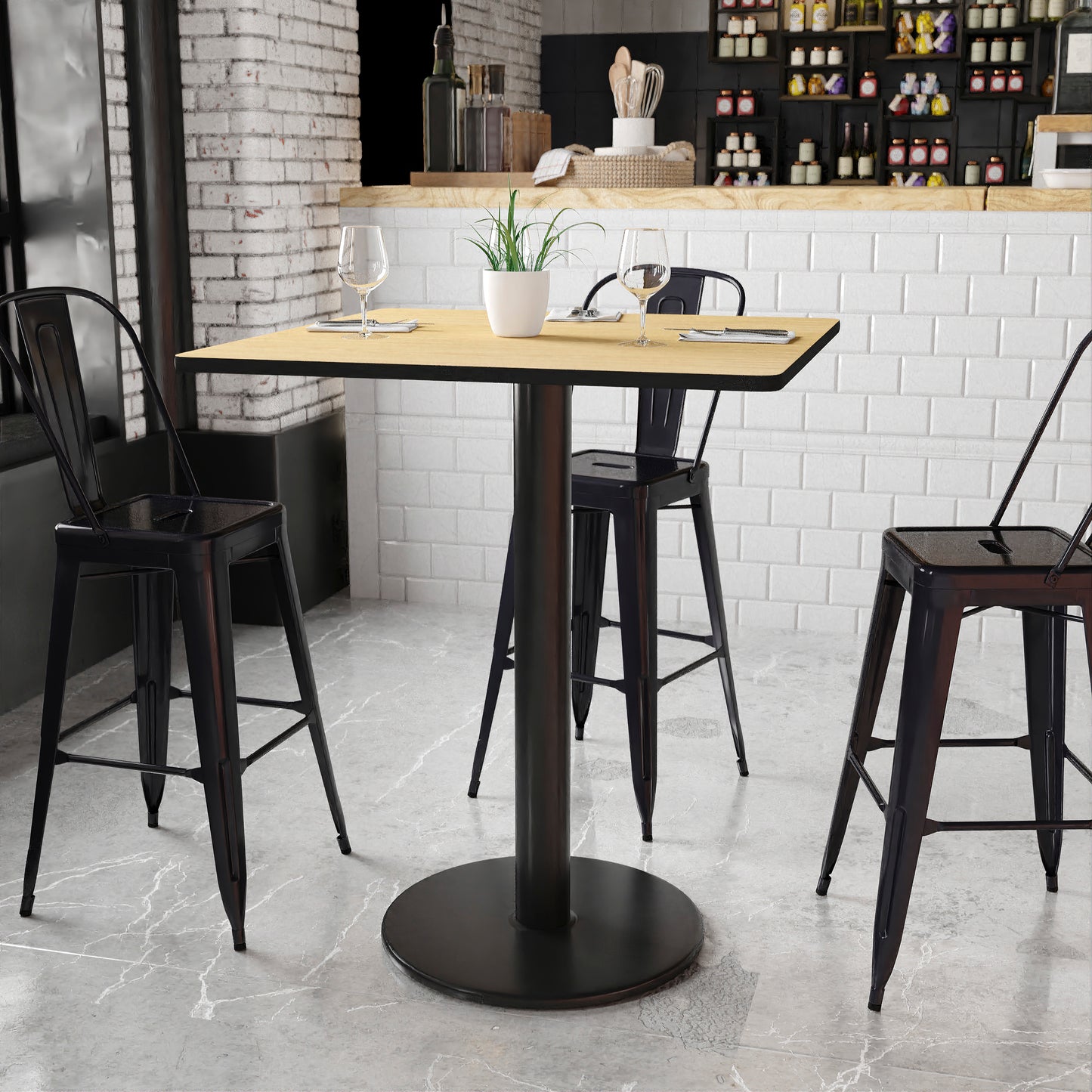 Stiles 36'' Square Natural Laminate Table Top with 24'' Round Bar Height Table Base Natural