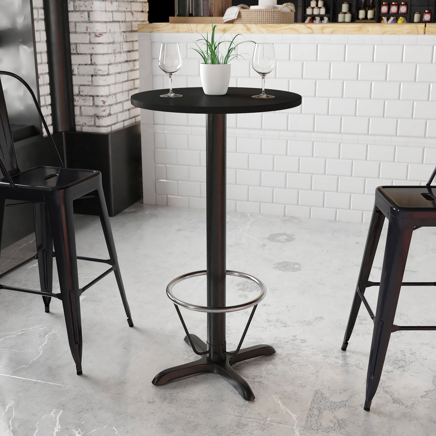 Stiles 24'' Round Black Laminate Table Top with 22'' x 22'' Bar Height Table Base and Foot Ring Black