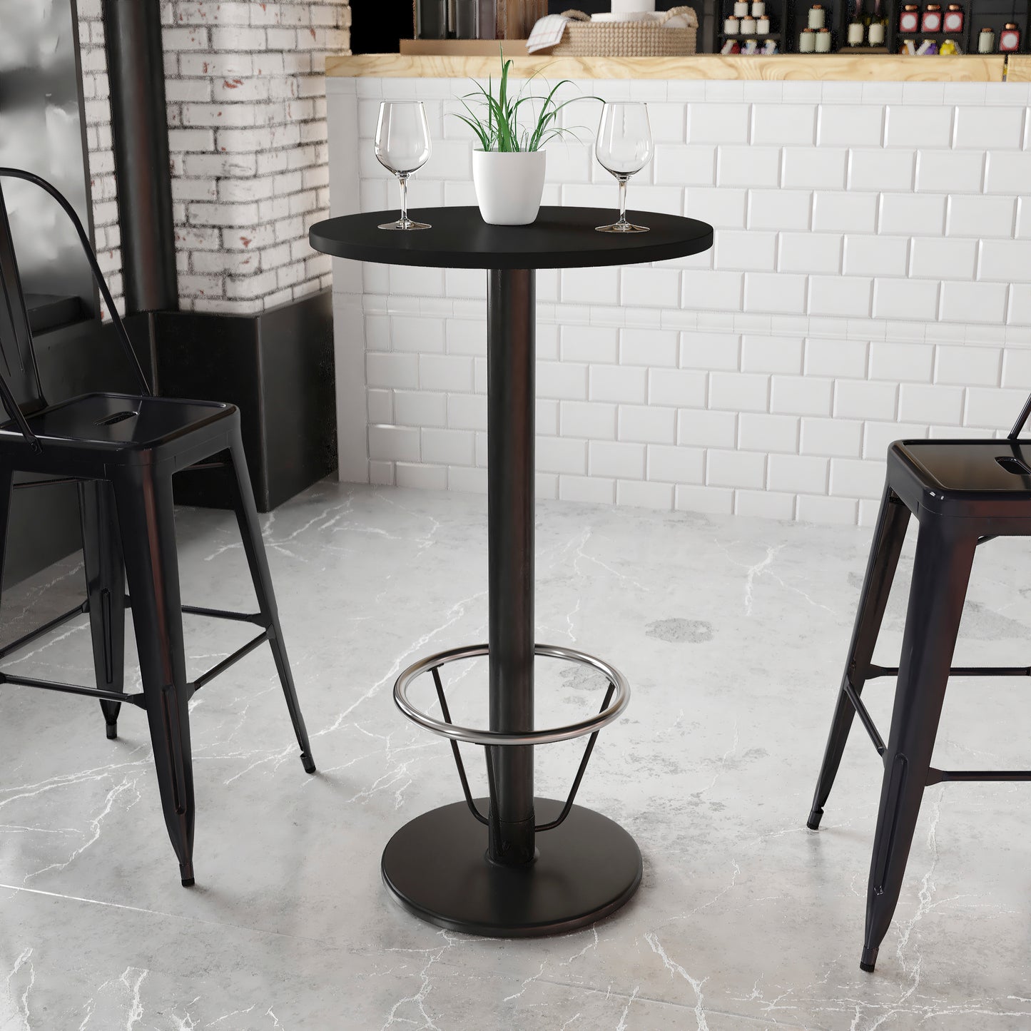Stiles 24'' Round Black Laminate Table Top with 18'' Round Bar Height Table Base and Foot Ring Black