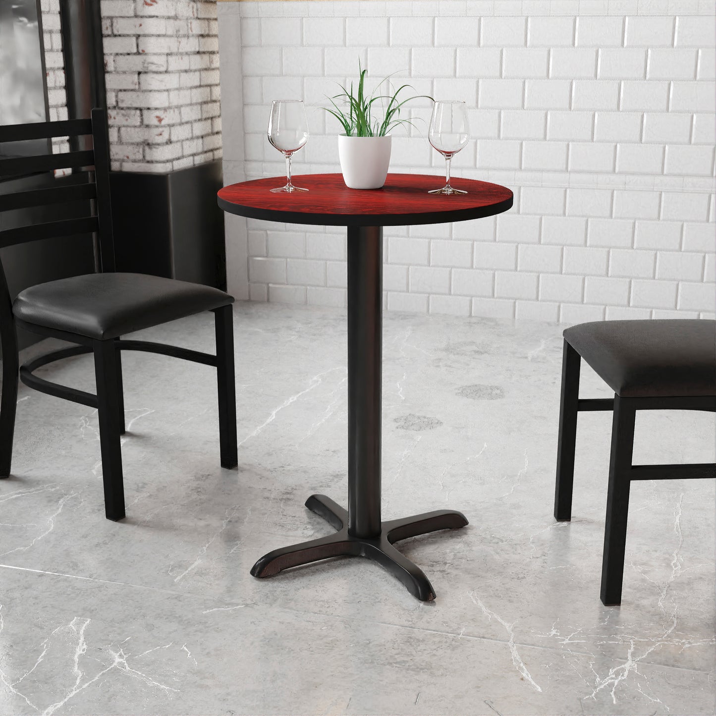Graniss 24'' Round Mahogany Laminate Table Top with 22'' x 22'' Table Height Base Mahogany