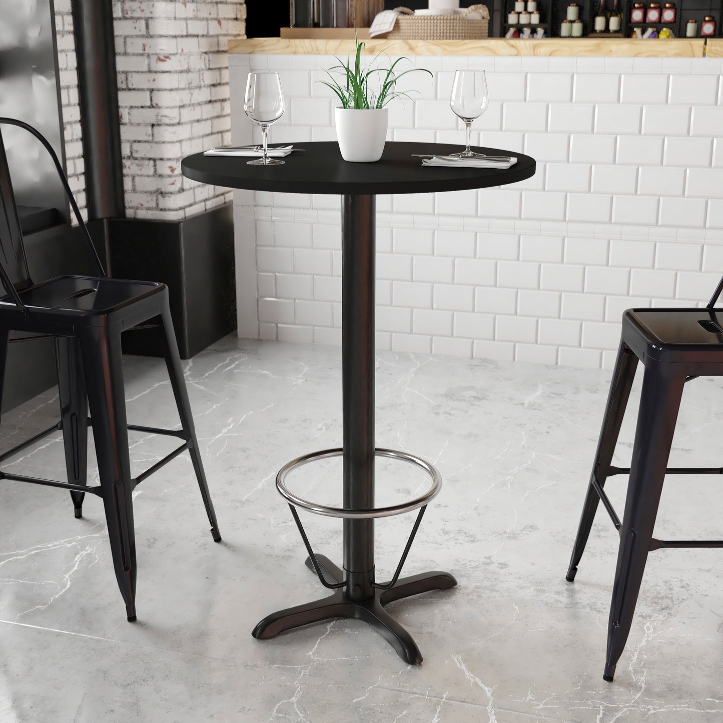 Stiles 30'' Round Black Laminate Table Top with 22'' x 22'' Bar Height Table Base and Foot Ring Black