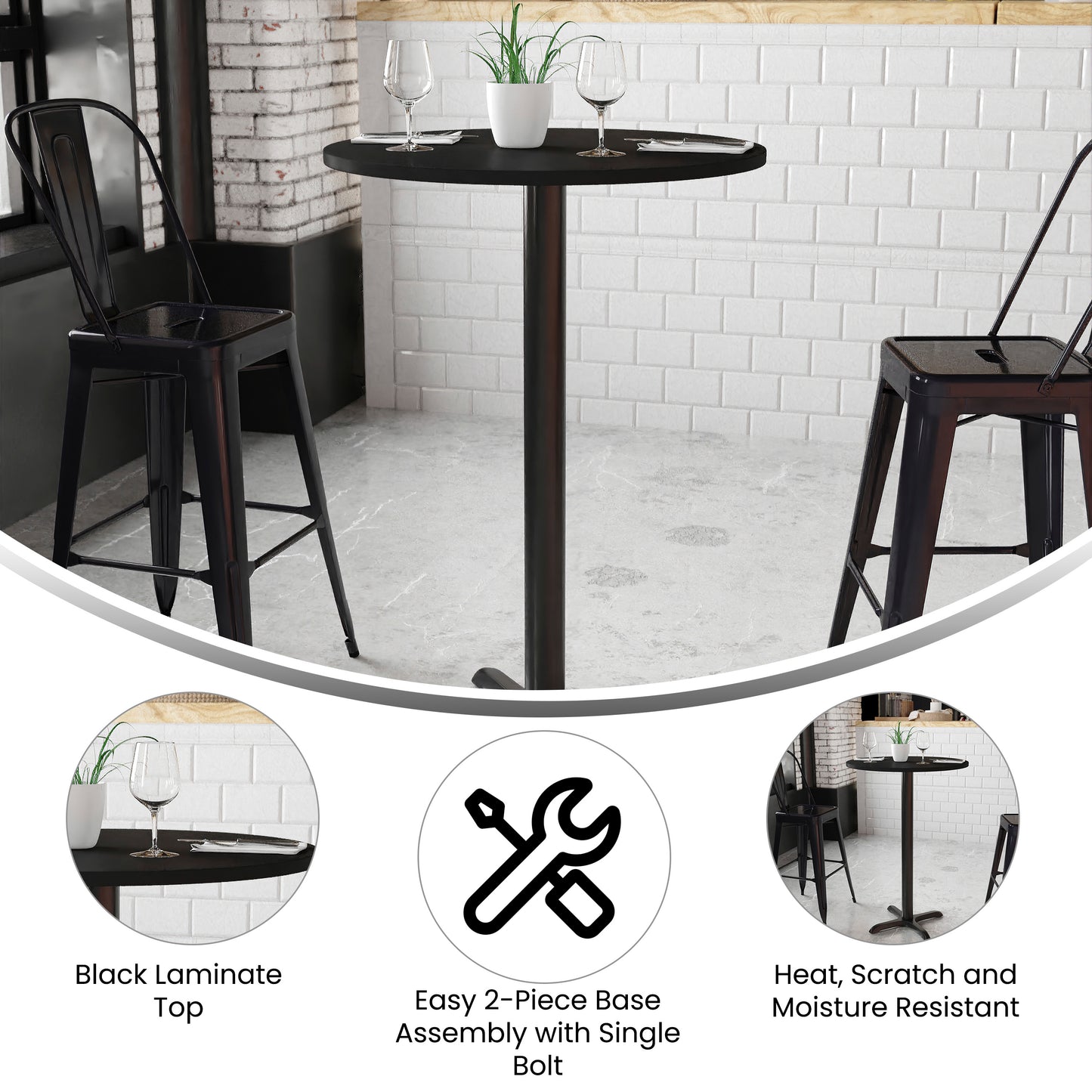 Stiles 30'' Round Black Laminate Table Top with 22'' x 22'' Bar Height Table Base Black