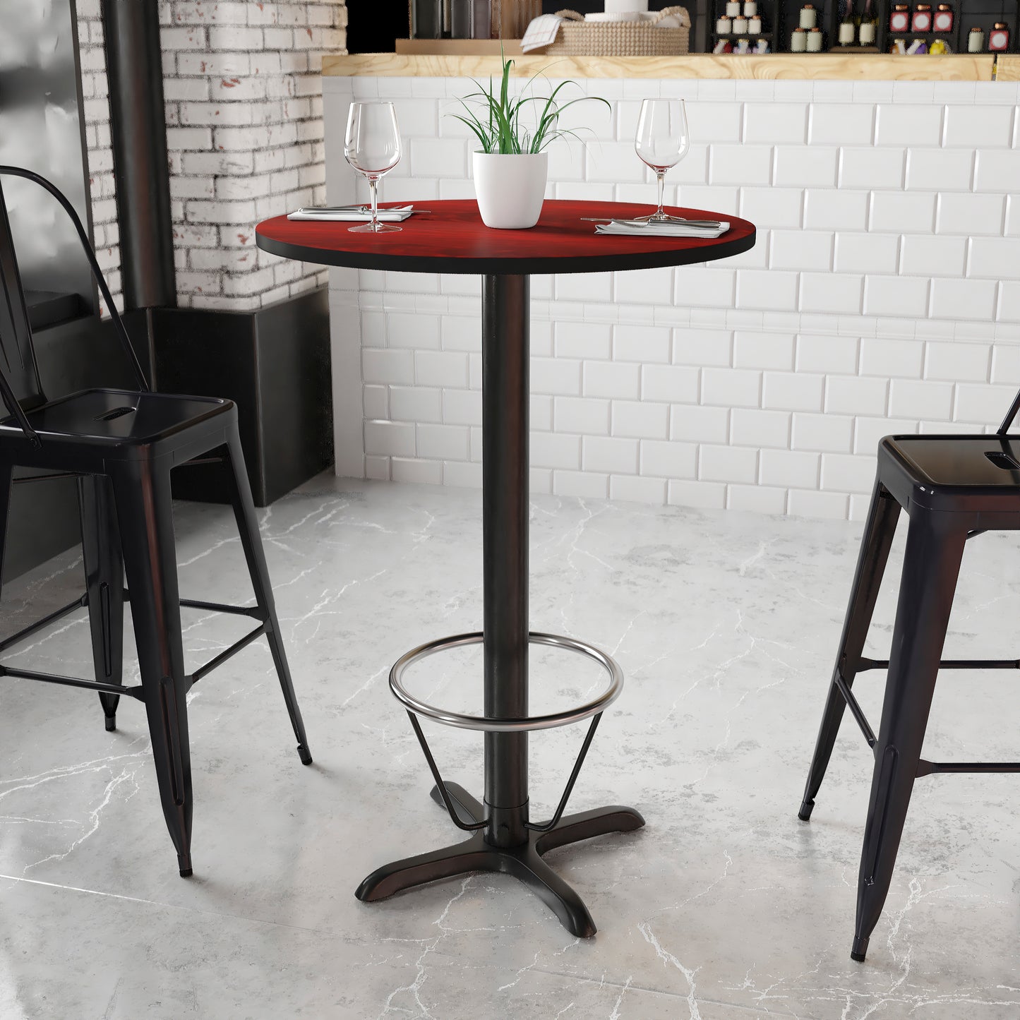 Stiles 30'' Round Mahogany Laminate Table Top with 22'' x 22'' Bar Height Table Base and Foot Ring Mahogany