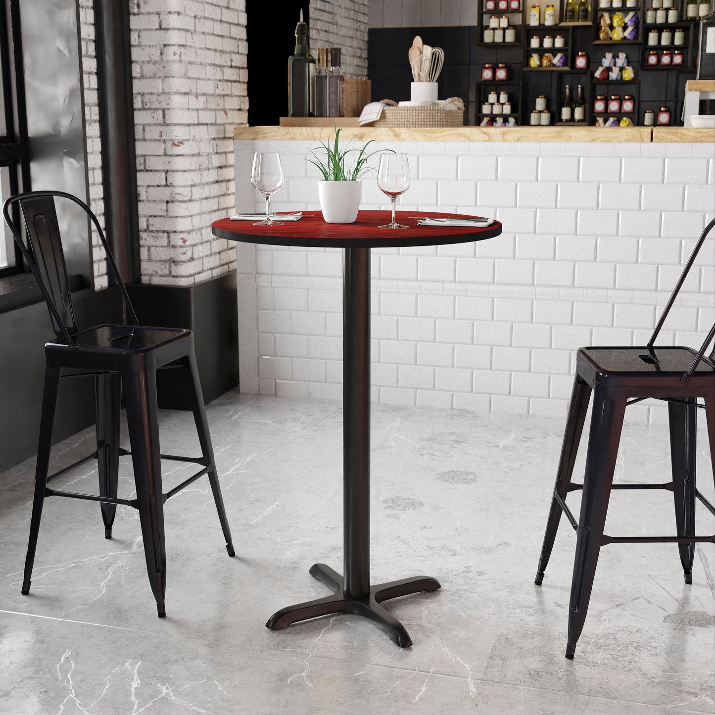 Stiles 30'' Round Mahogany Laminate Table Top with 22'' x 22'' Bar Height Table Base Mahogany