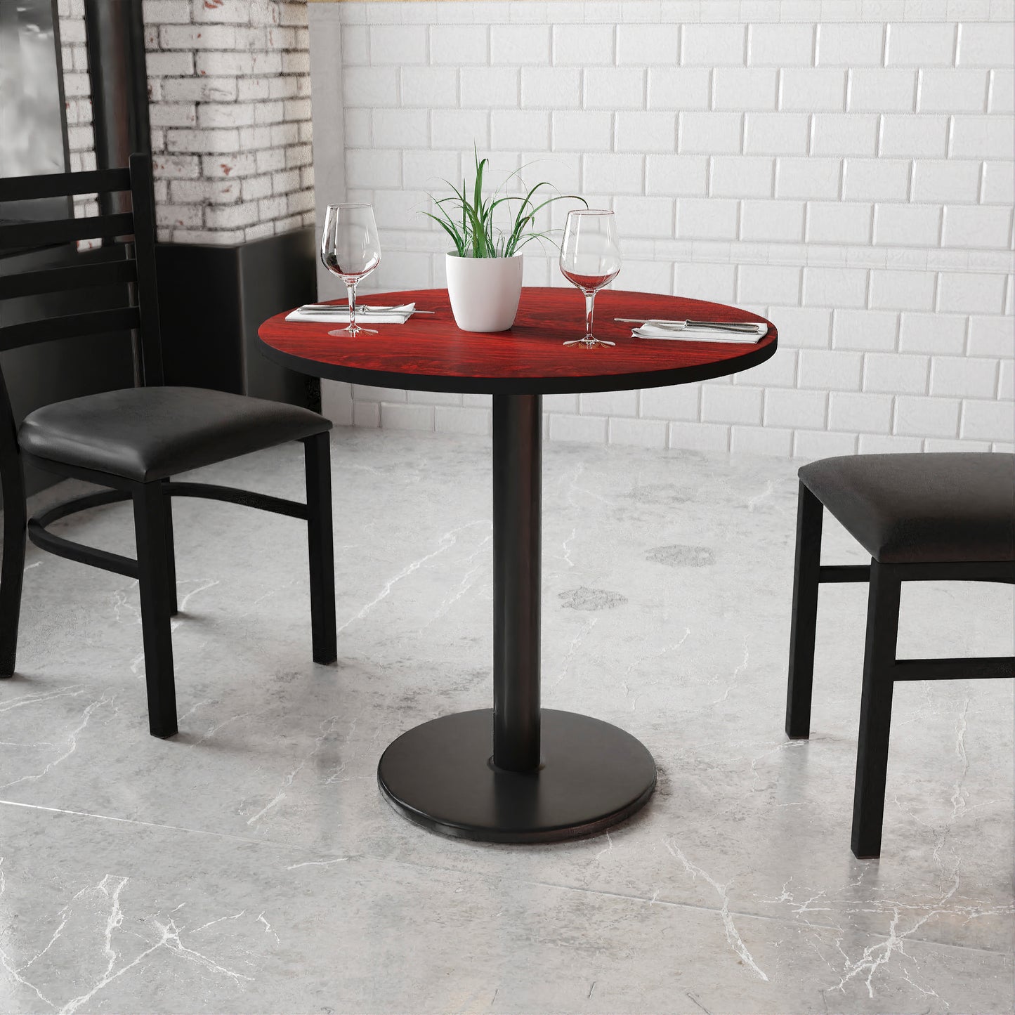 Graniss 30'' Round Mahogany Laminate Table Top with 18'' Round Table Height Base Mahogany