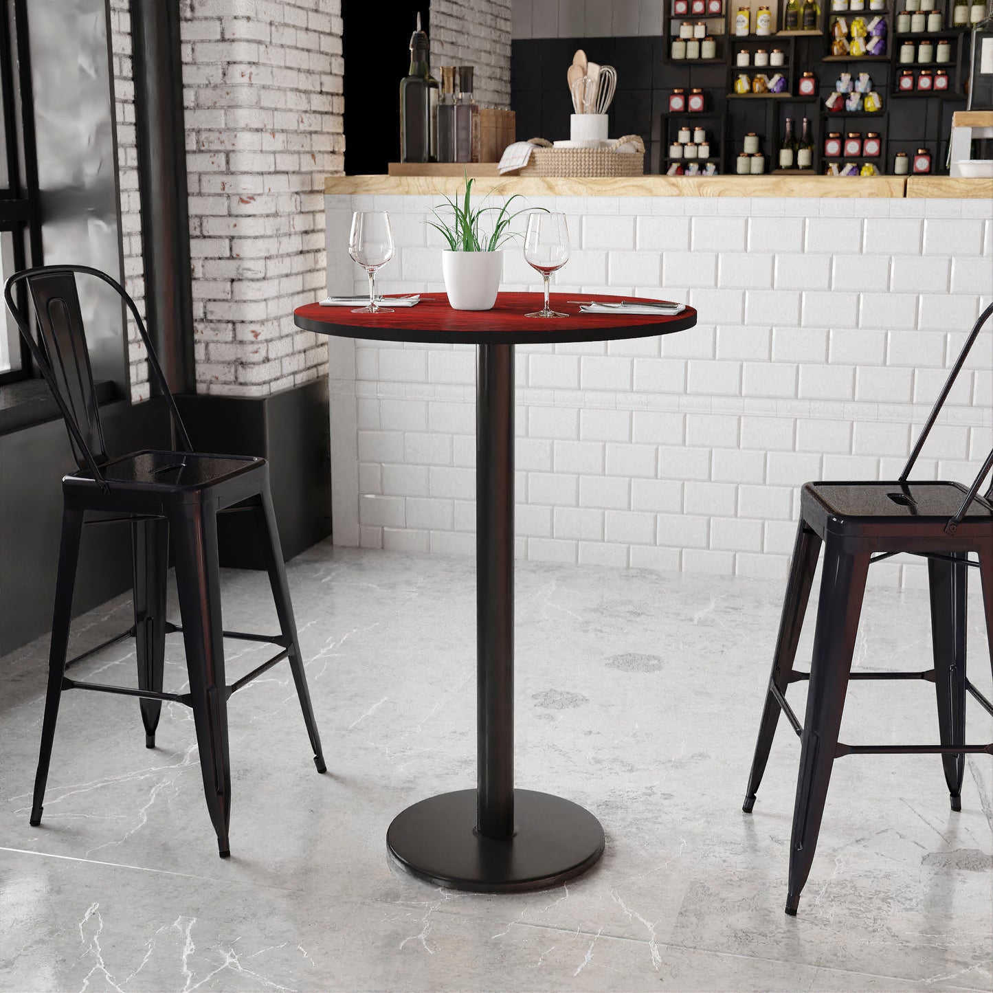 Stiles 30'' Round Mahogany Laminate Table Top with 18'' Round Bar Height Table Base Mahogany