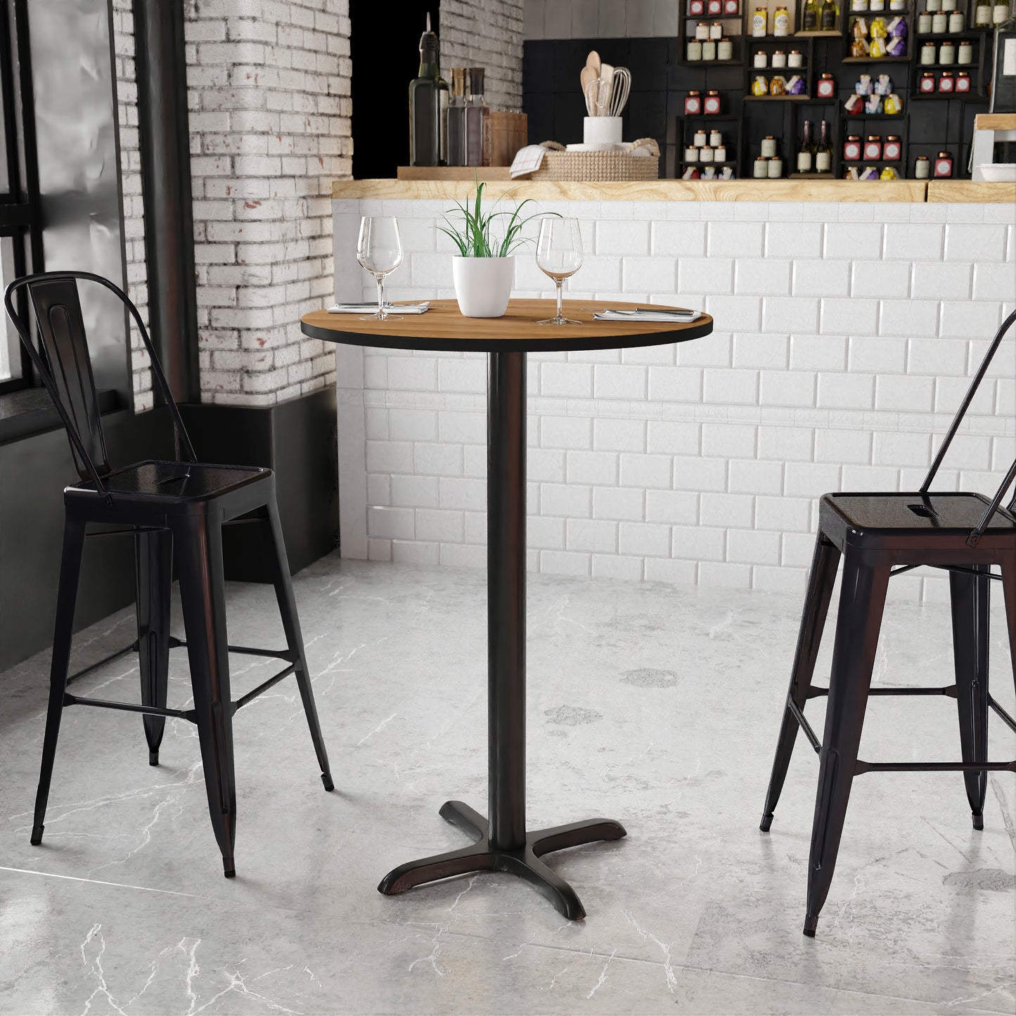 Stiles 30'' Round Walnut Laminate Table Top with 22'' x 22'' Bar Height Table Base Walnut