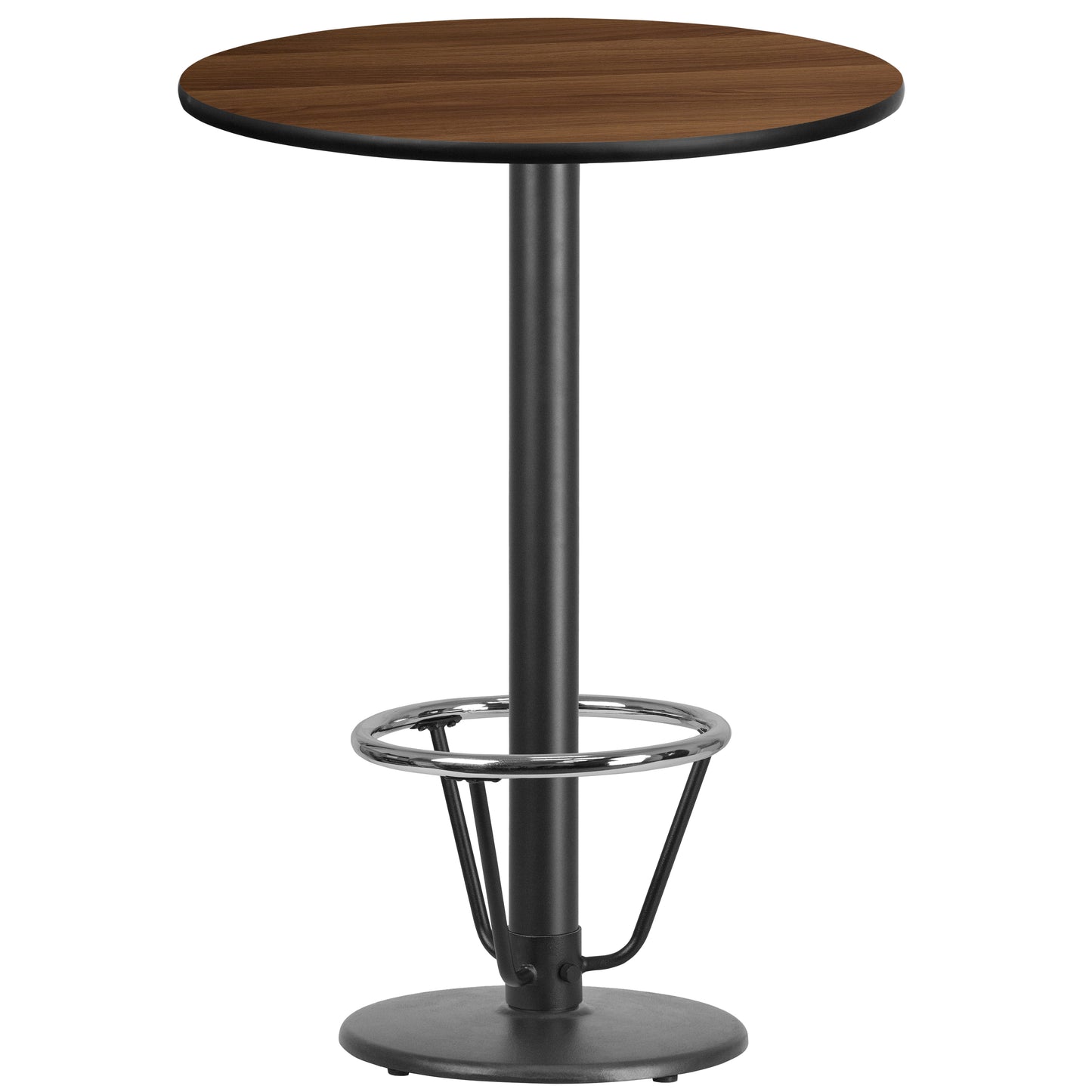 Stiles 30'' Round Walnut Laminate Table Top with 18'' Round Bar Height Table Base and Foot Ring Walnut
