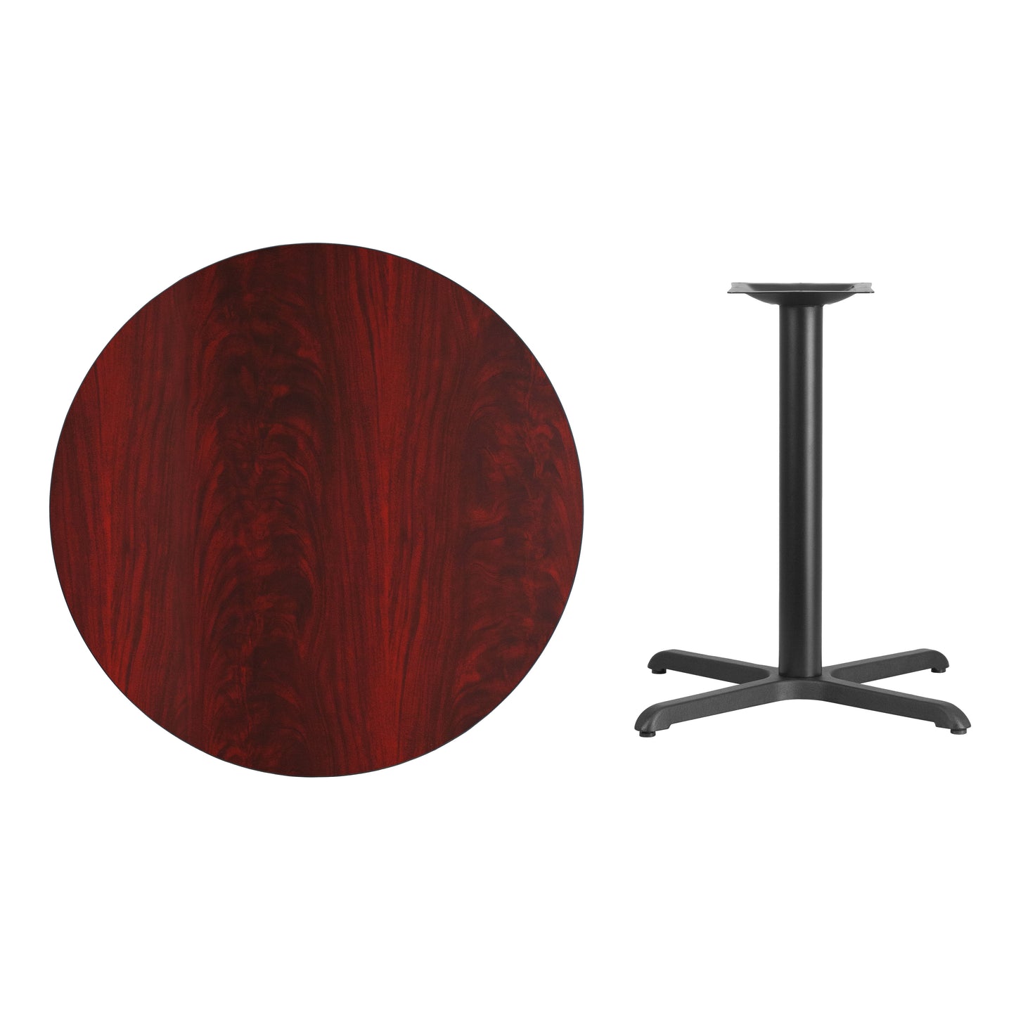 Graniss 36'' Round Mahogany Laminate Table Top with 30'' x 30'' Table Height Base Mahogany