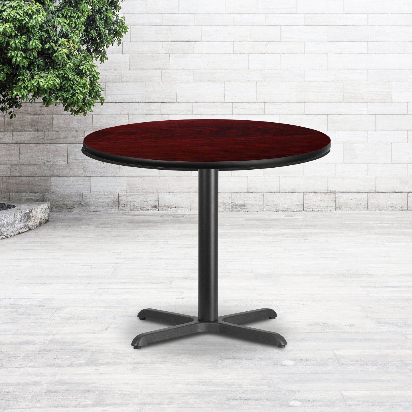 Graniss 36'' Round Mahogany Laminate Table Top with 30'' x 30'' Table Height Base Mahogany