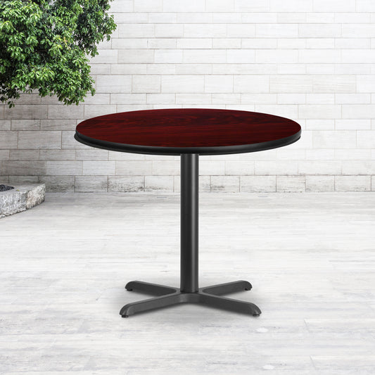 Graniss 36'' Round Mahogany Laminate Table Top with 30'' x 30'' Table Height Base Mahogany
