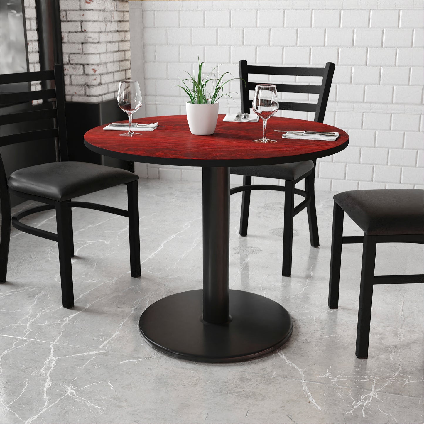 Graniss 36'' Round Mahogany Laminate Table Top with 24'' Round Table Height Base Mahogany