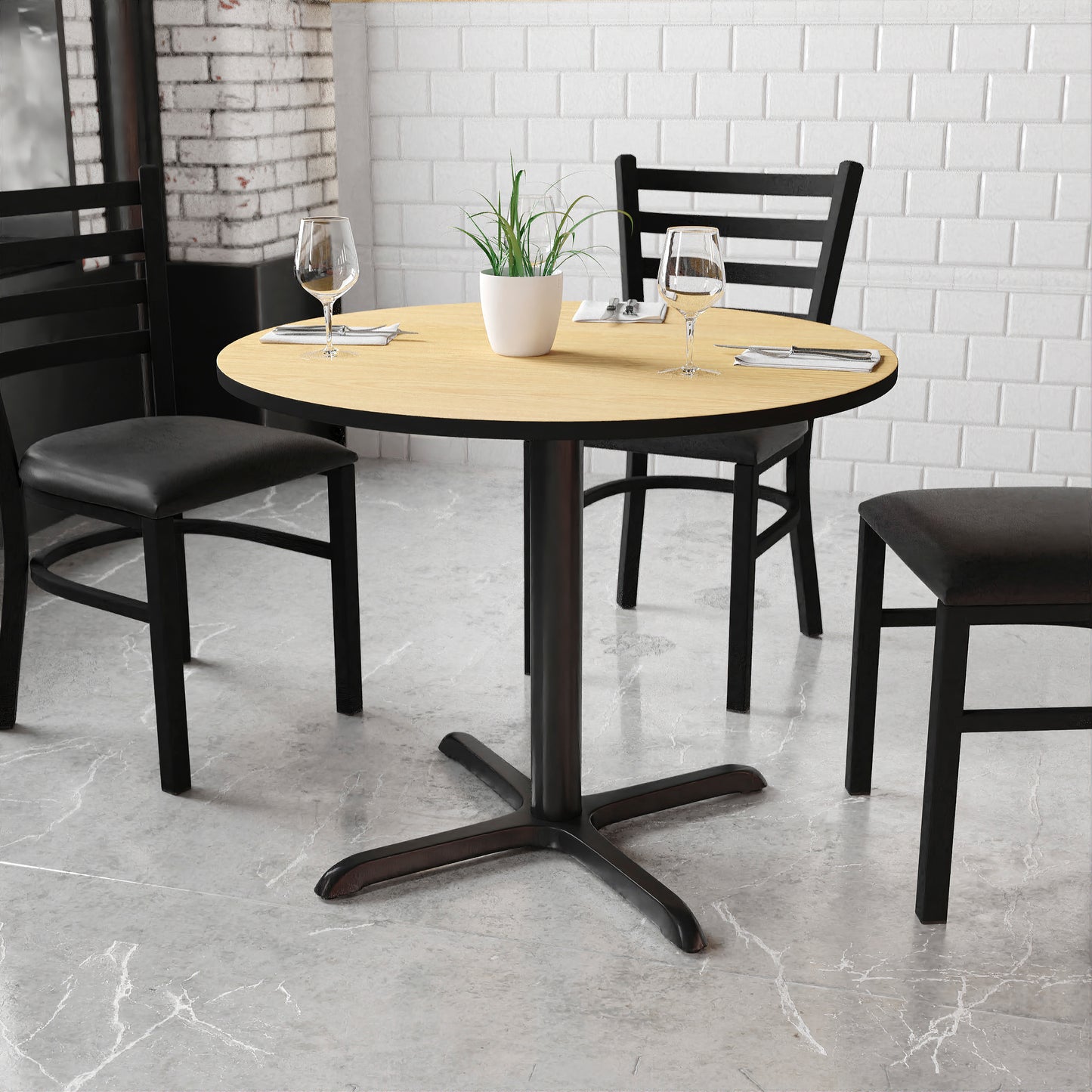 Graniss 36'' Round Natural Laminate Table Top with 30'' x 30'' Table Height Base Natural