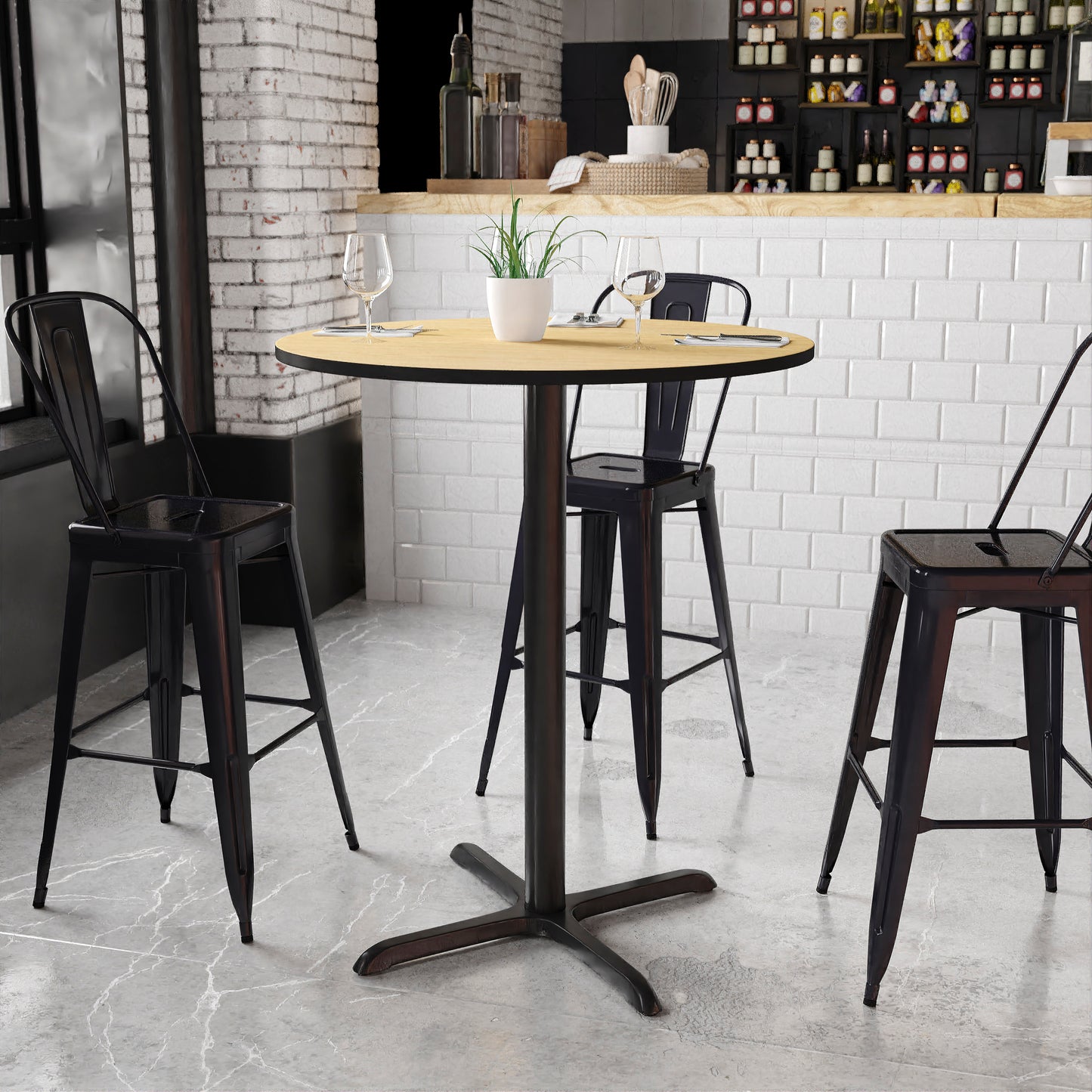 Stiles 36'' Round Natural Laminate Table Top with 30'' x 30'' Bar Height Table Base Natural