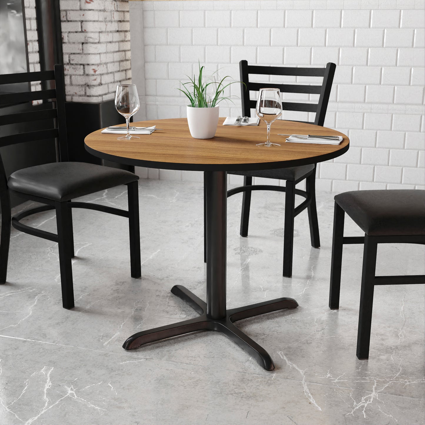 Graniss 36'' Round Walnut Laminate Table Top with 30'' x 30'' Table Height Base Walnut