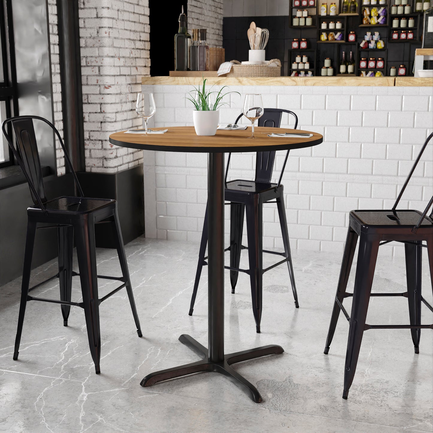 Stiles 36'' Round Walnut Laminate Table Top with 30'' x 30'' Bar Height Table Base Walnut