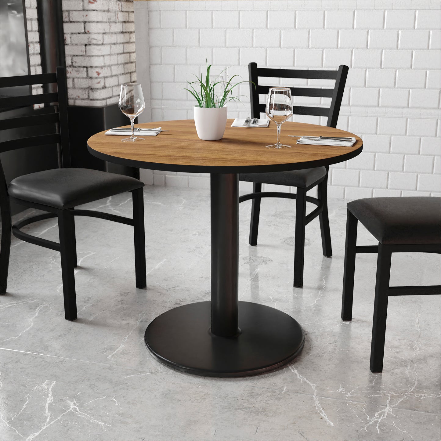Graniss 36'' Round Walnut Laminate Table Top with 24'' Round Table Height Base Walnut