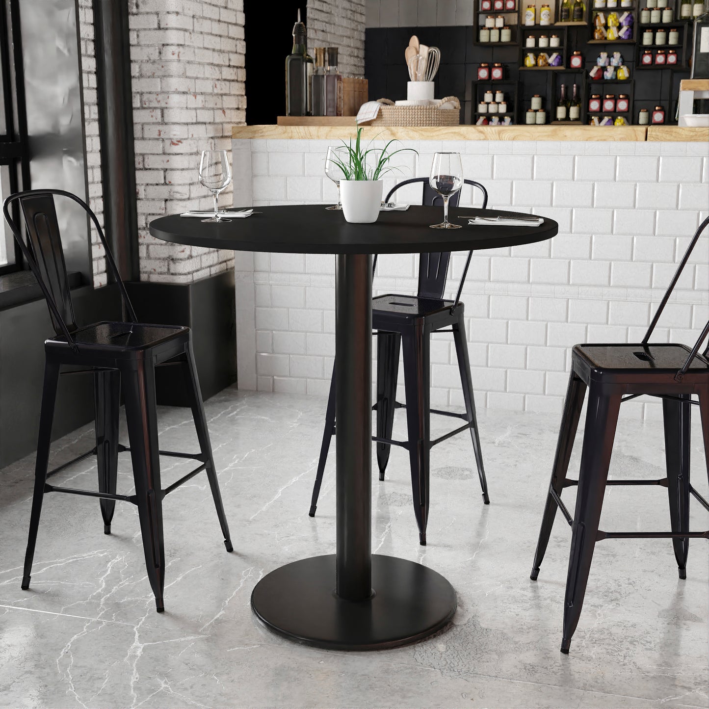 Stiles 42'' Round Black Laminate Table Top with 24'' Round Bar Height Table Base Black