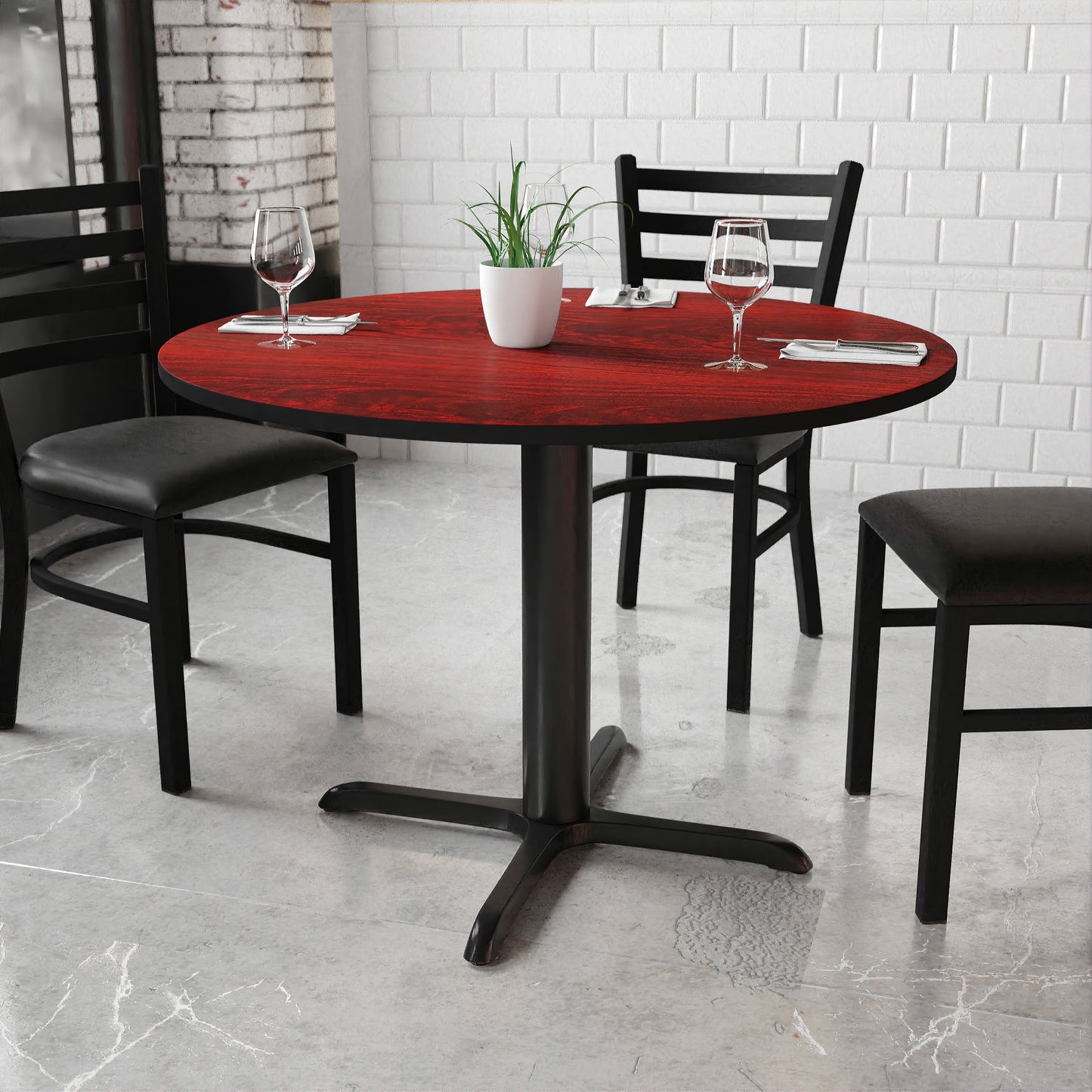 Graniss 42'' Round Mahogany Laminate Table Top with 33'' x 33'' Table Height Base Mahogany