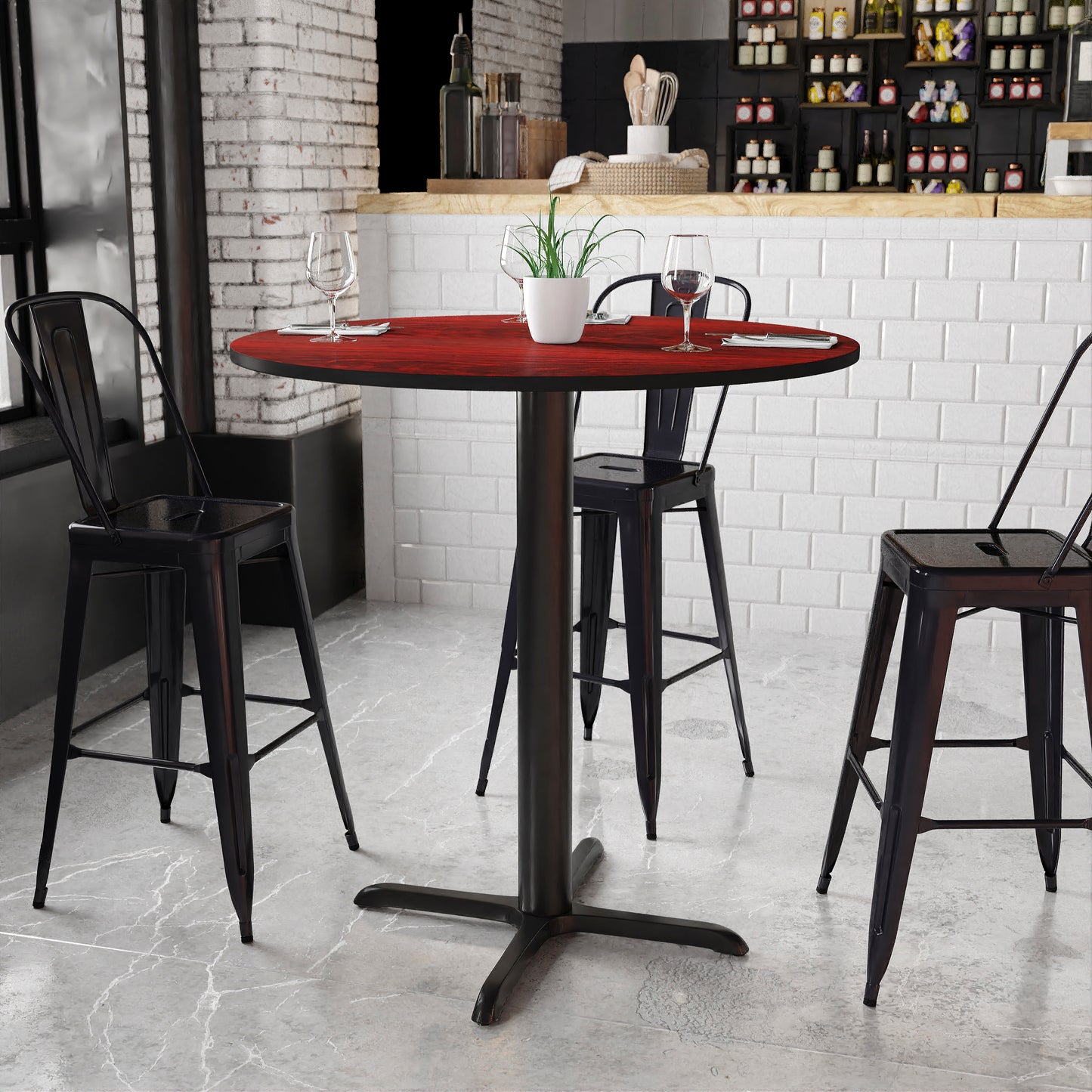 Stiles 42'' Round Mahogany Laminate Table Top with 33'' x 33'' Bar Height Table Base Mahogany
