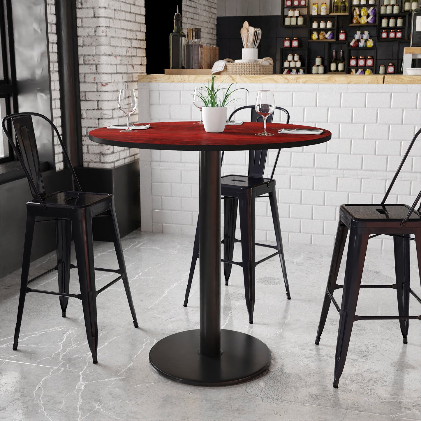 Stiles 42'' Round Mahogany Laminate Table Top with 24'' Round Bar Height Table Base Mahogany