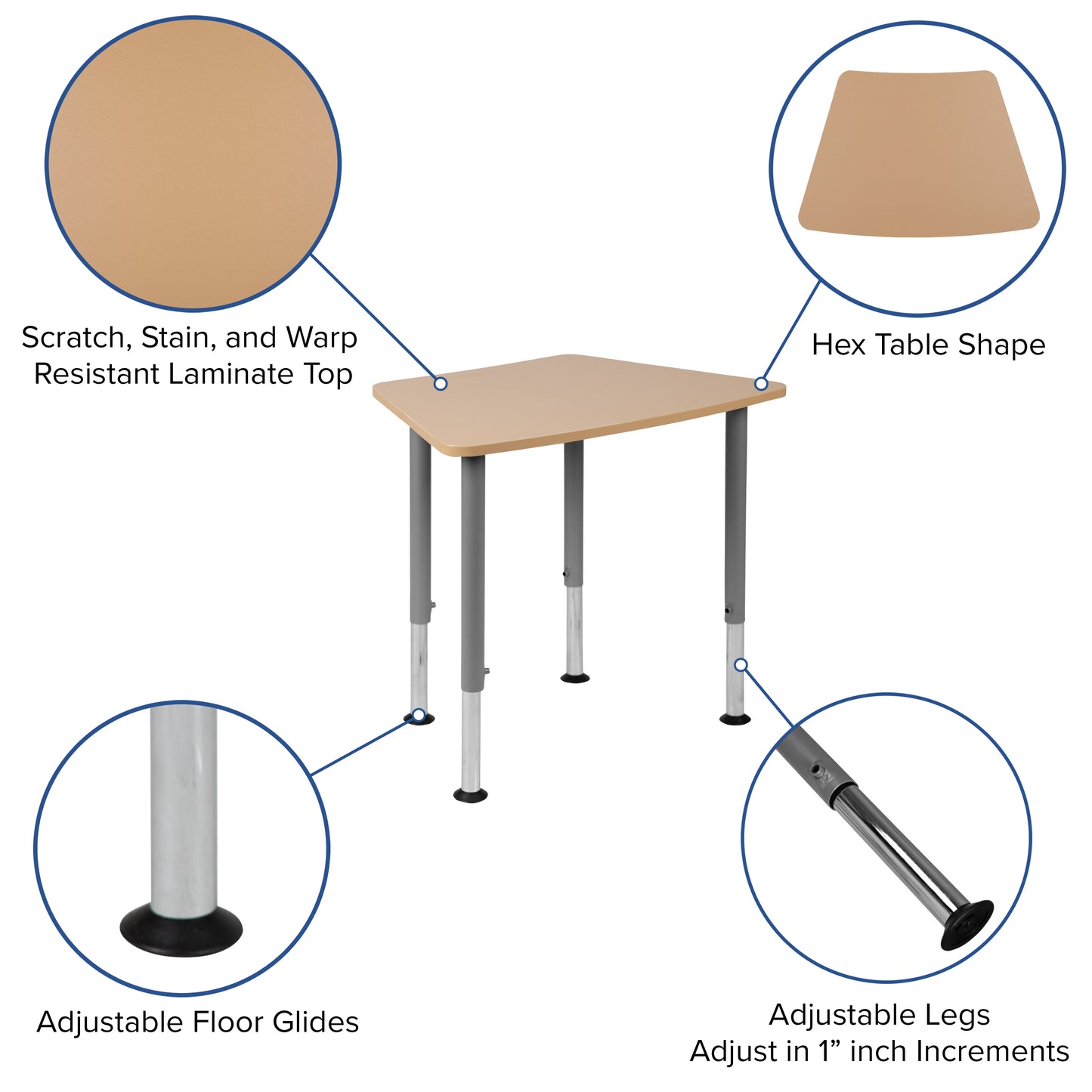 Billie Hex Natural Collaborative Student Desk (Adjustable from 22.3" to 34") - Home and Classroom Natural