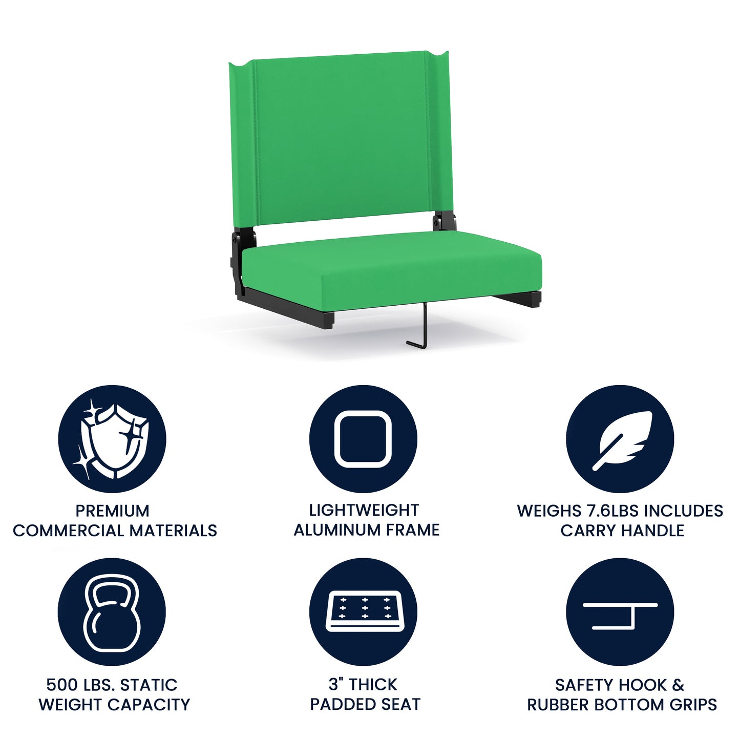 Grandstand Comfort 500 lb Capacity Padded Stadium Chairs, Folding Seats with Handles, Lightweight & Durable, Bright Green Bright Green
