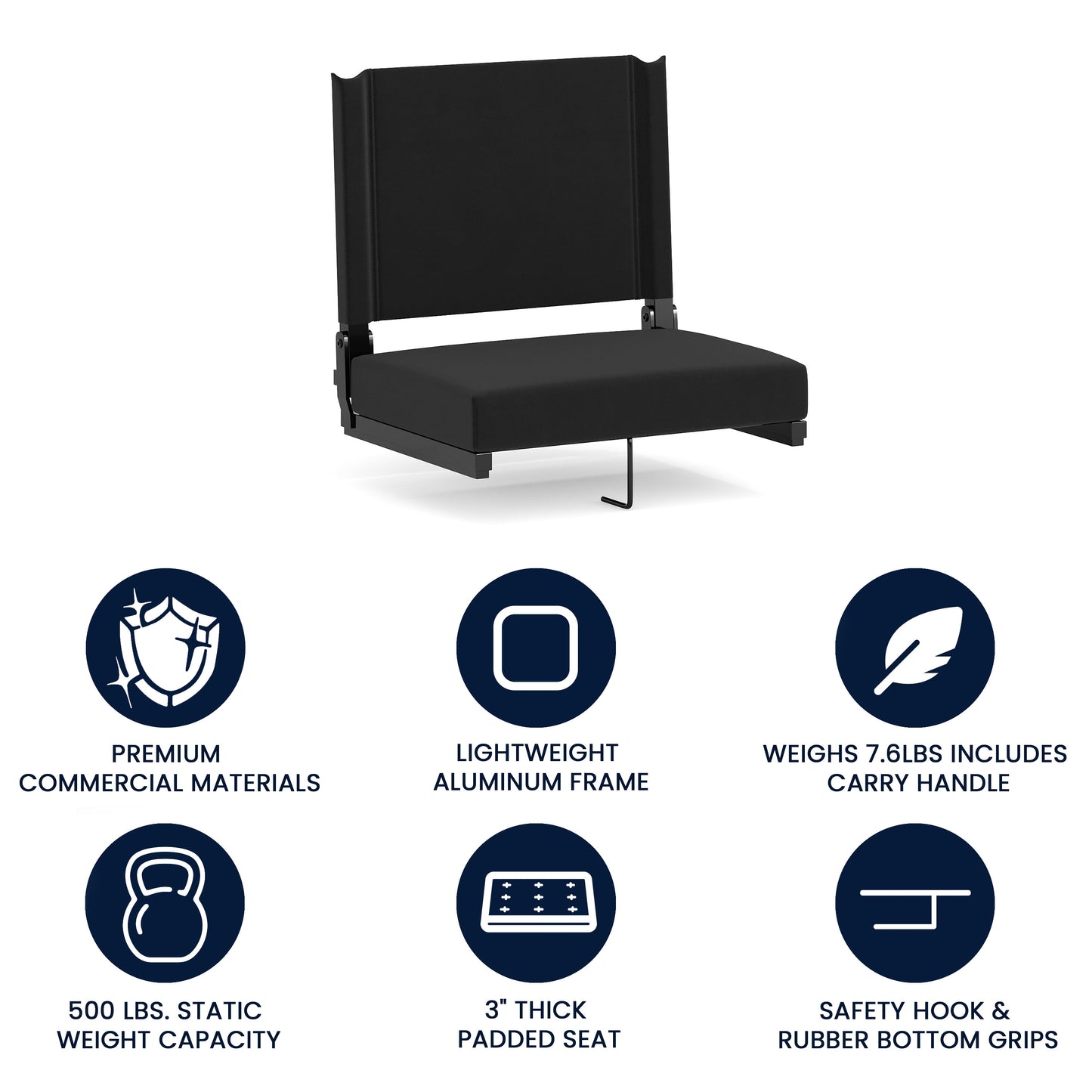 Grandstand Comfort 500 lb Capacity Padded Stadium Chairs, Folding Seats with Handles, Lightweight & Durable, Black Black