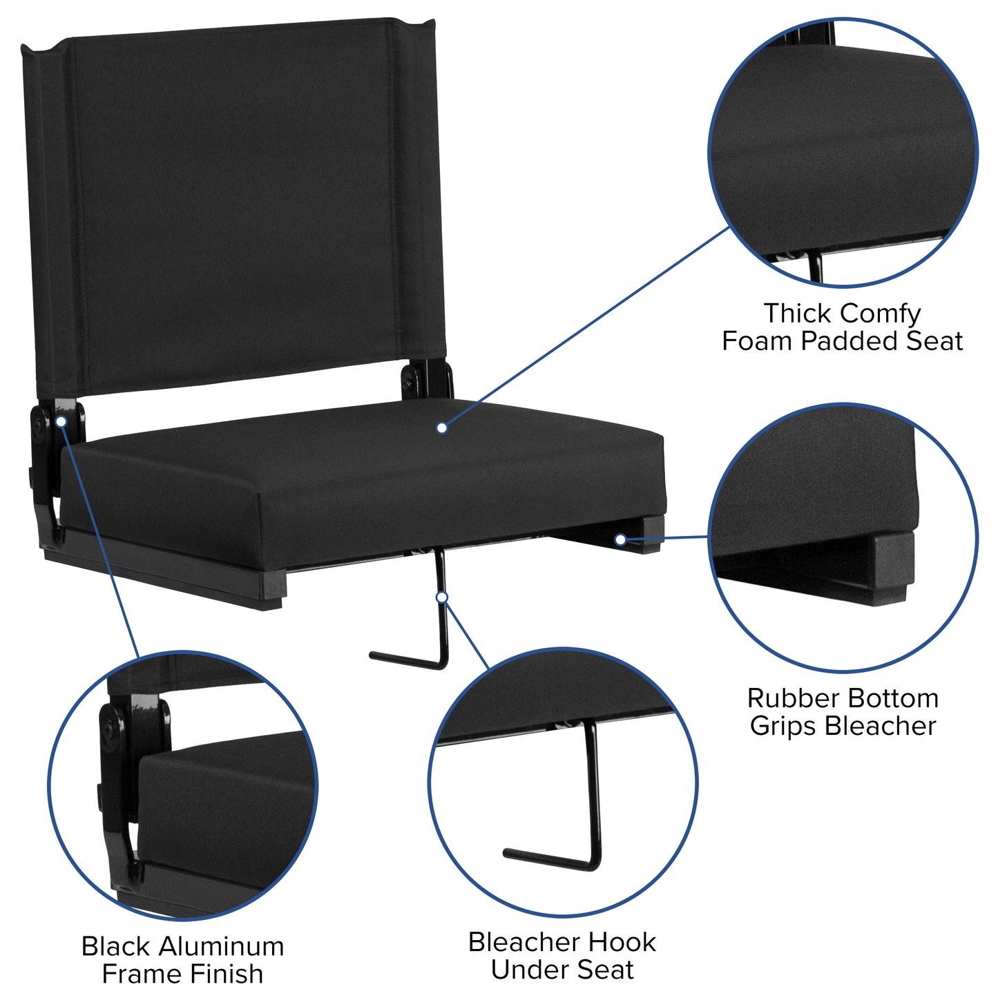 Grandstand Comfort 500 lb Capacity Padded Stadium Chairs, Folding Seats with Handles, Lightweight & Durable, Black Black