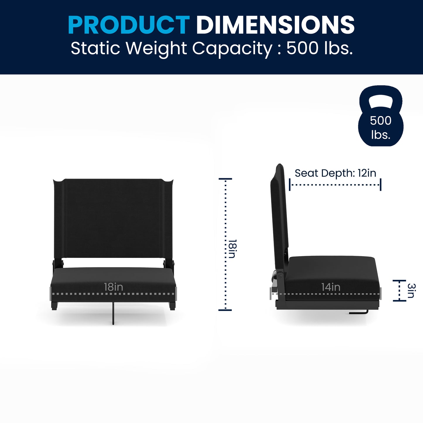 Grandstand Comfort 500 lb Capacity Padded Stadium Chairs, Folding Seats with Handles, Lightweight & Durable, Black Black