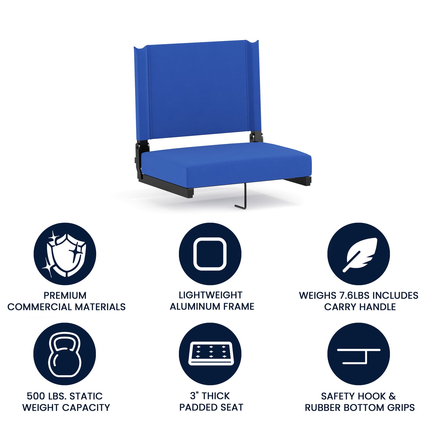 Grandstand Comfort 500 lb Capacity Padded Stadium Chairs, Folding Seats with Handles, Lightweight & Durable, Blue Blue