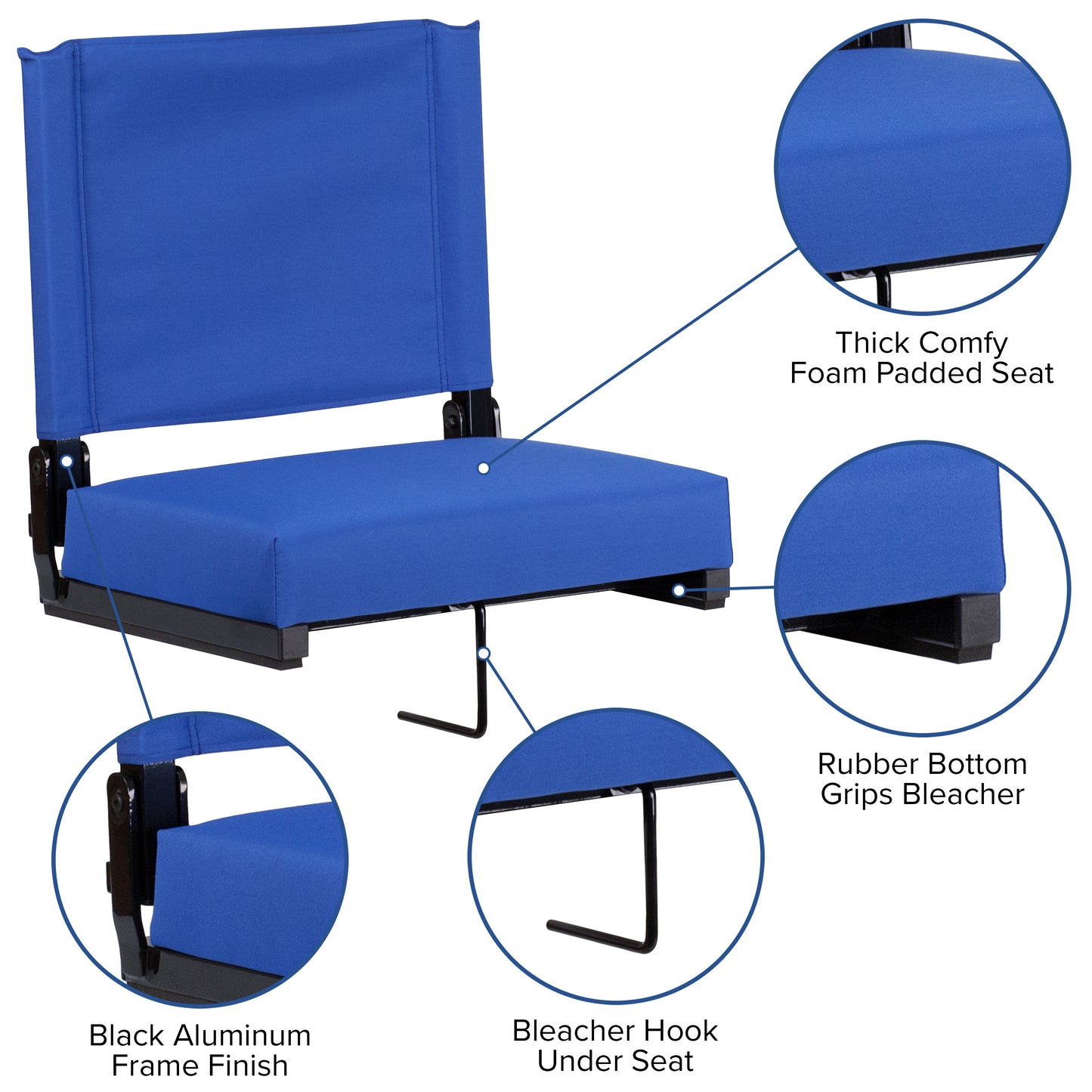 Grandstand Comfort 500 lb Capacity Padded Stadium Chairs, Folding Seats with Handles, Lightweight & Durable, Blue Blue