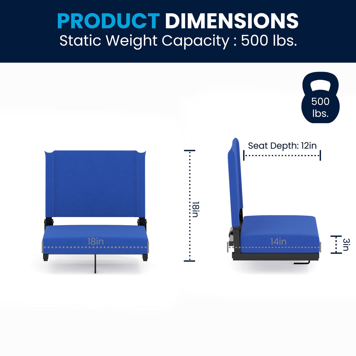 Grandstand Comfort 500 lb Capacity Padded Stadium Chairs, Folding Seats with Handles, Lightweight & Durable, Blue Blue