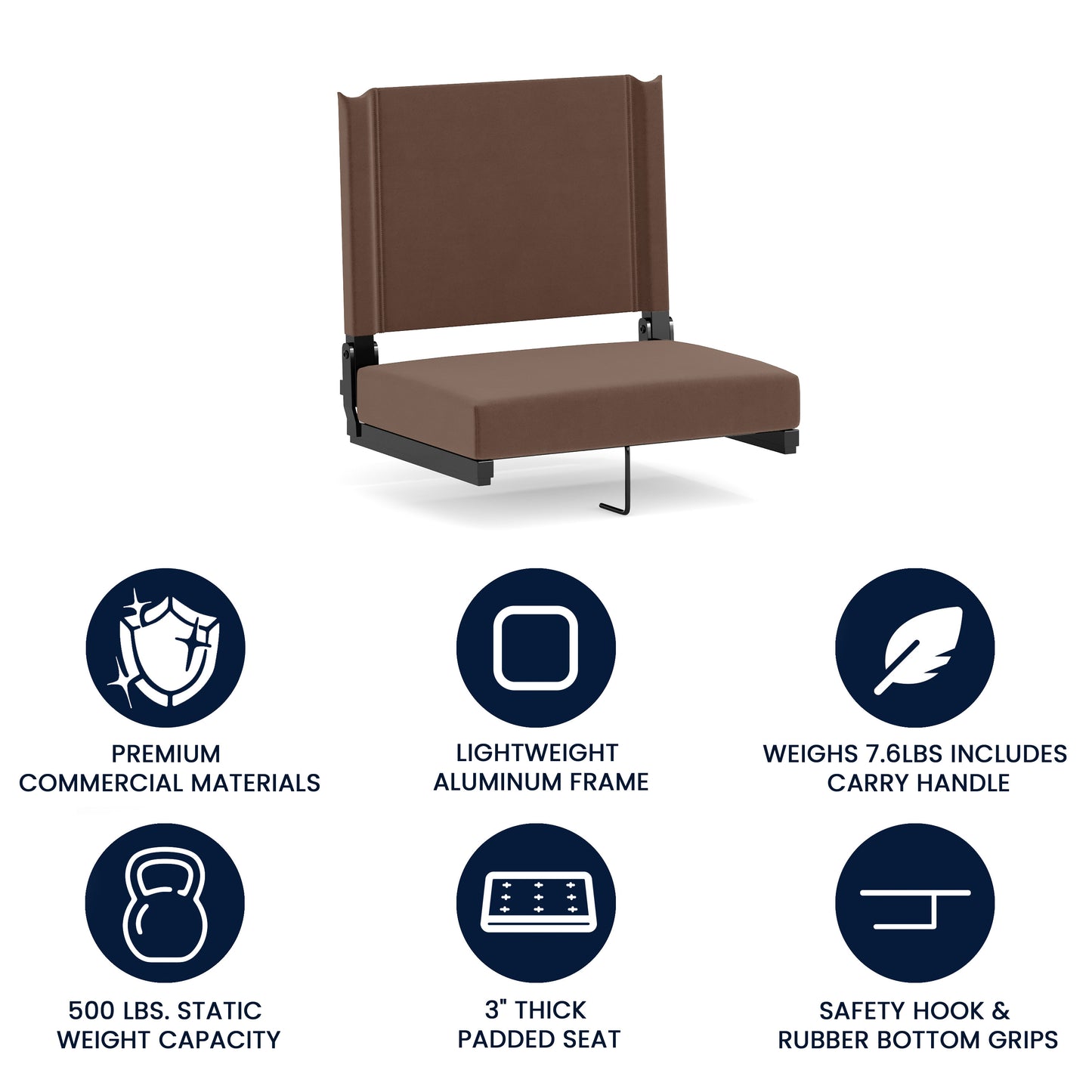Grandstand Comfort 500 lb Capacity Padded Stadium Chairs, Folding Seats with Handles, Lightweight & Durable, Dark Brown Brown