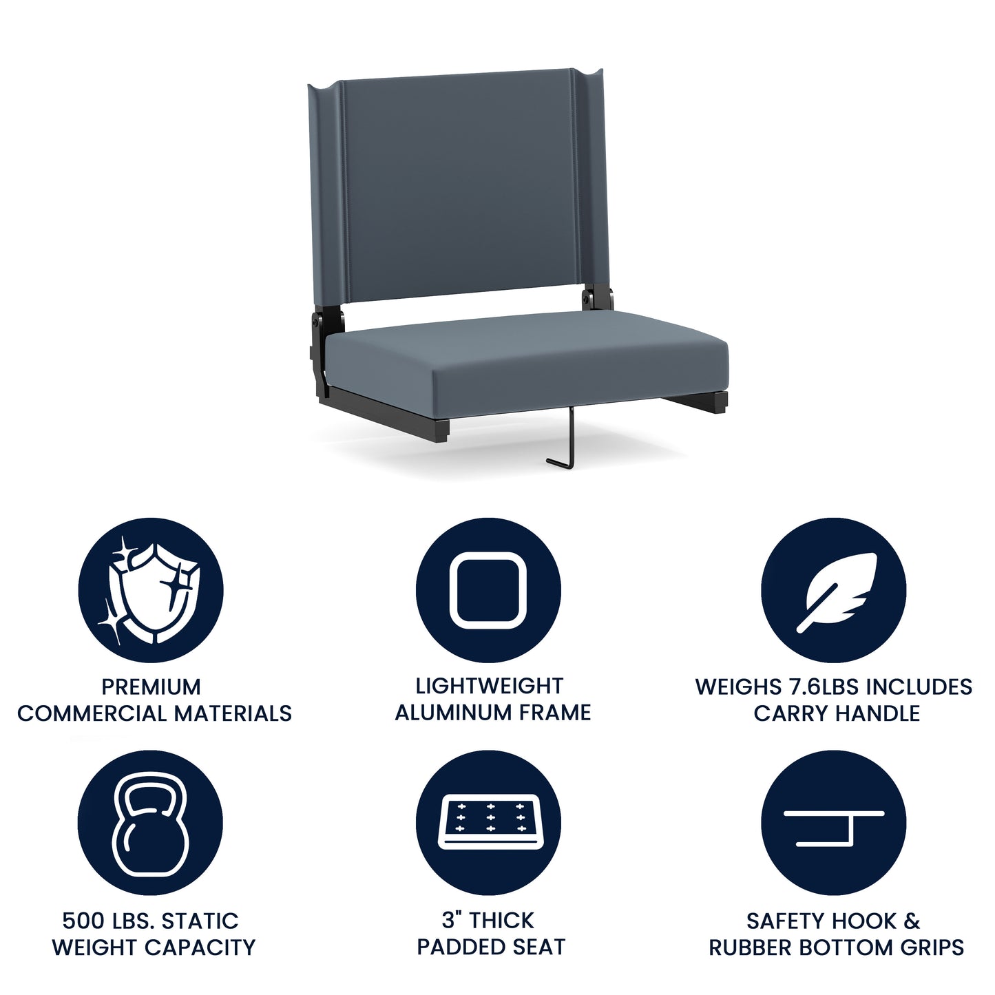 Grandstand Comfort 500 lb Capacity Padded Stadium Chair, Folding Seat with Handle, Lightweight & Durable, Dark Blue Dark Blue