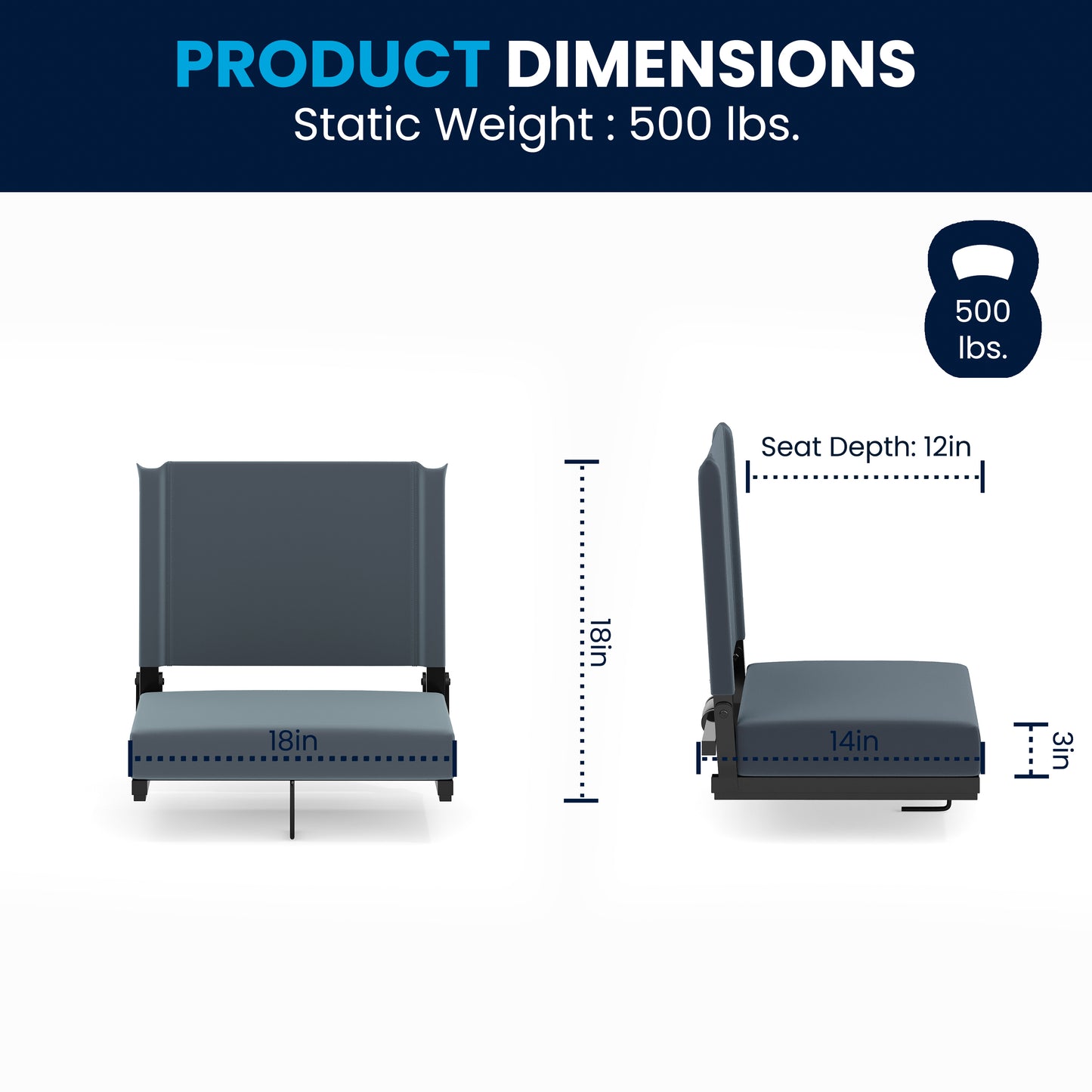 Grandstand Comfort 500 lb Capacity Padded Stadium Chair, Folding Seat with Handle, Lightweight & Durable, Dark Blue Dark Blue