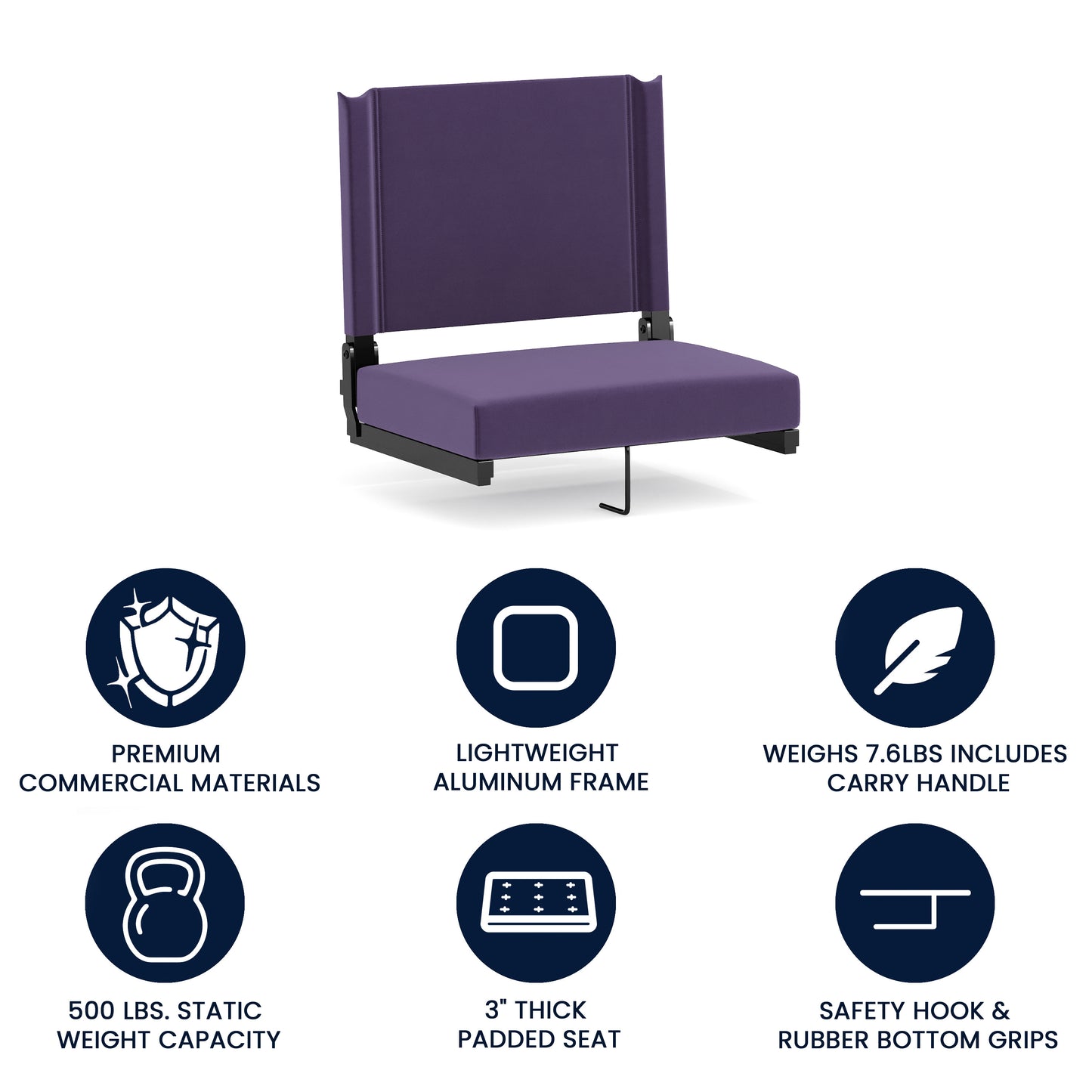 Grandstand Comfort 500 lb Capacity Padded Stadium Chairs, Folding Seats with Handles, Lightweight & Durable, Dark Purple Dark Purple