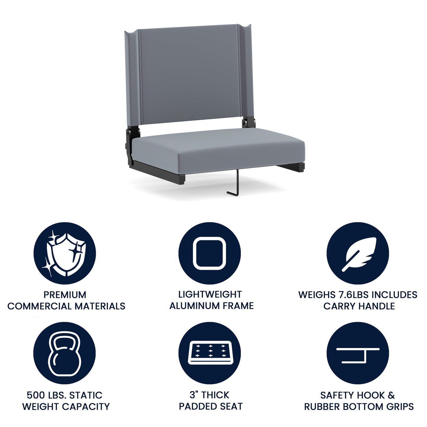 Grandstand Comfort 500 lb Capacity Padded Stadium Chairs, Folding Seats with Handles, Lightweight & Durable, Gray Gray