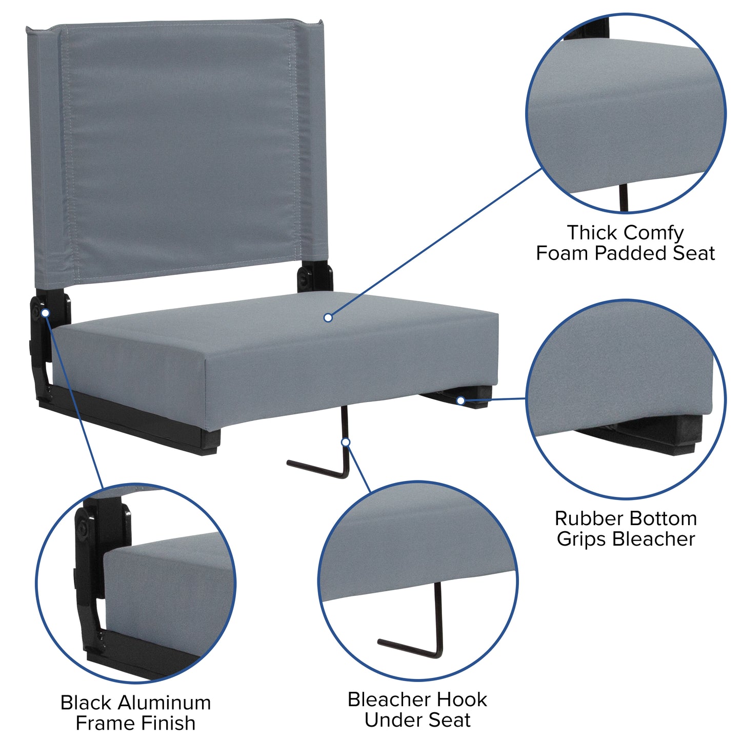 Grandstand Comfort 500 lb Capacity Padded Stadium Chairs, Folding Seats with Handles, Lightweight & Durable, Gray Gray