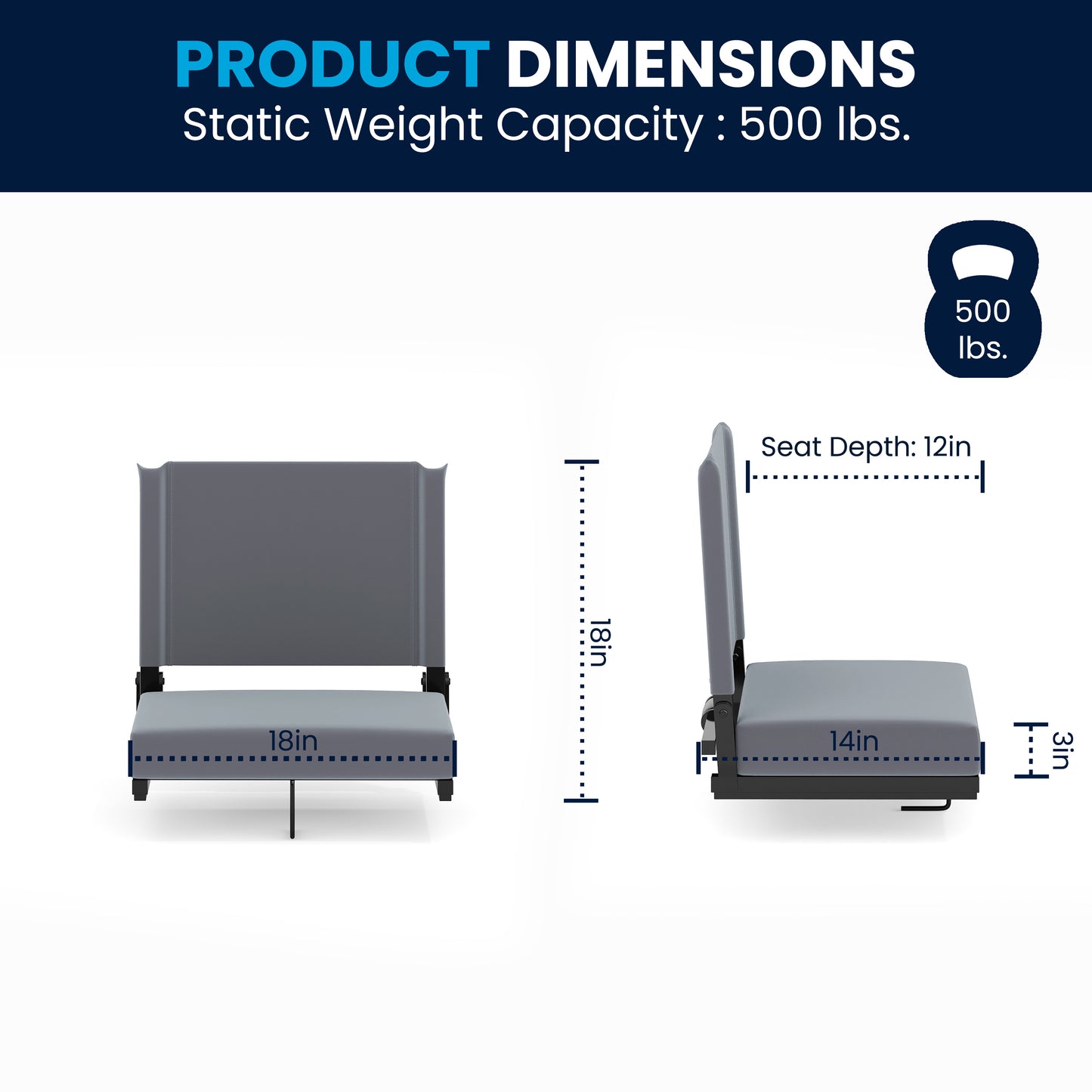 Grandstand Comfort 500 lb Capacity Padded Stadium Chairs, Folding Seats with Handles, Lightweight & Durable, Gray Gray